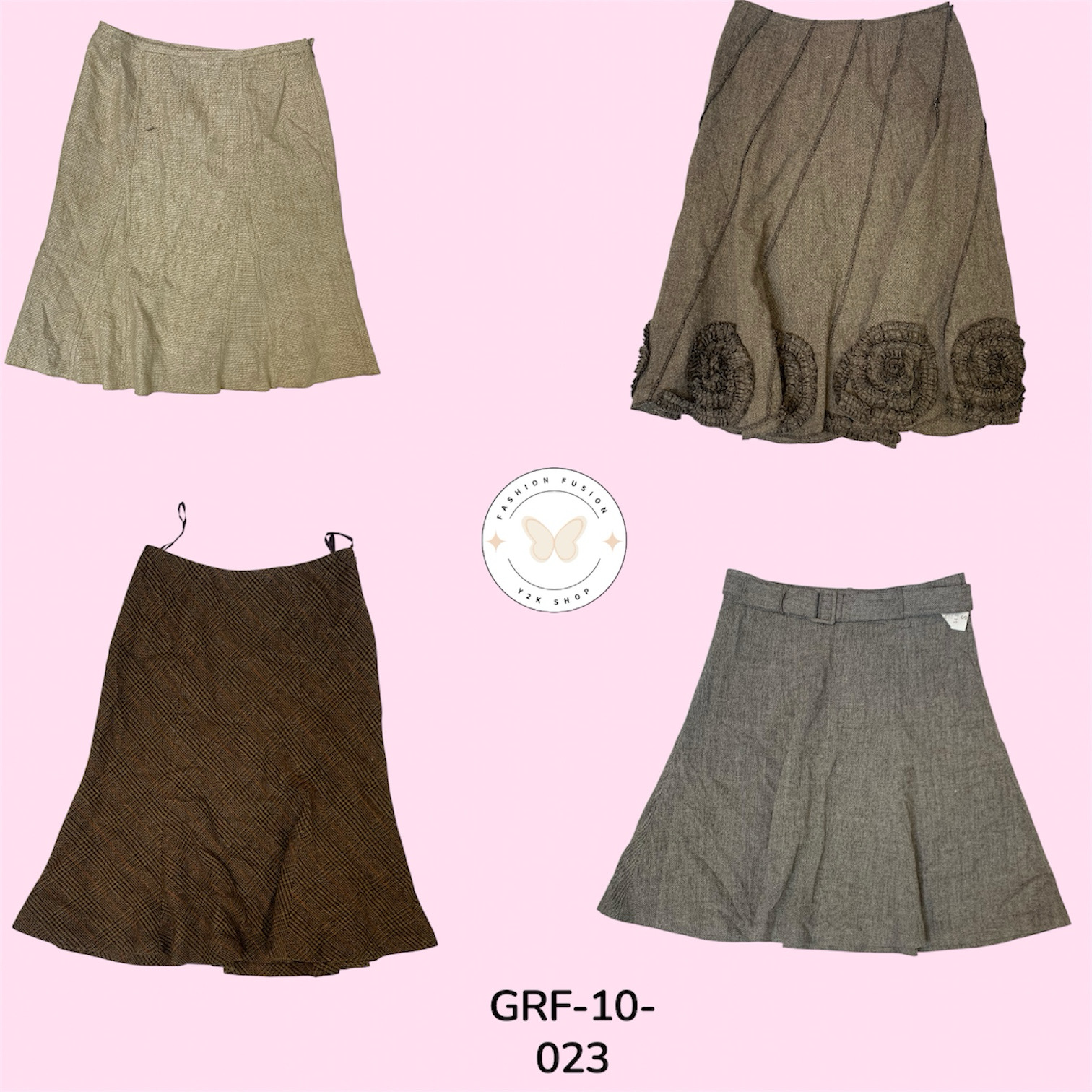 Y2Kツートーンウールスカート – ブラウン＆クリーム レトロプリプリバイブス (GRF-10-023)