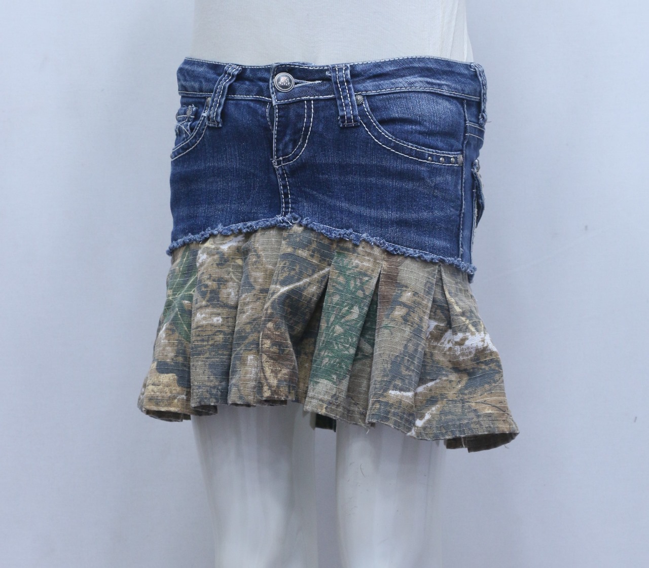 CR948 Upcycled Denim Camo Fusion Mini Skirt
