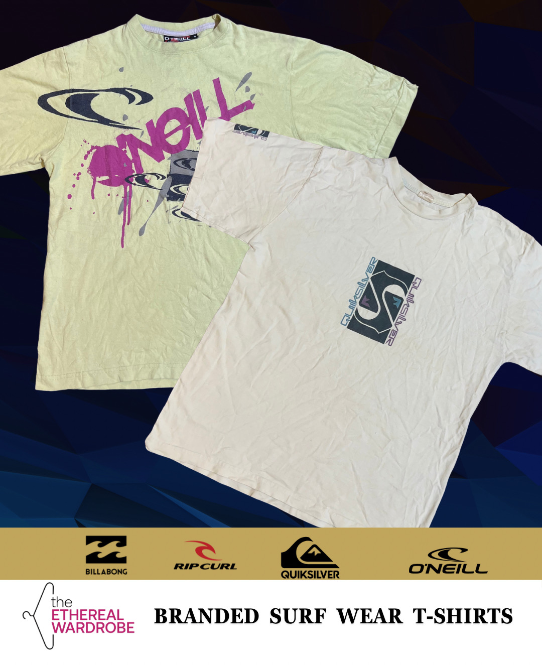 T-shirts imprimés de la marque Surf Wear incluant QuikSilver, BillaBong, O'Neill et RipCurl
