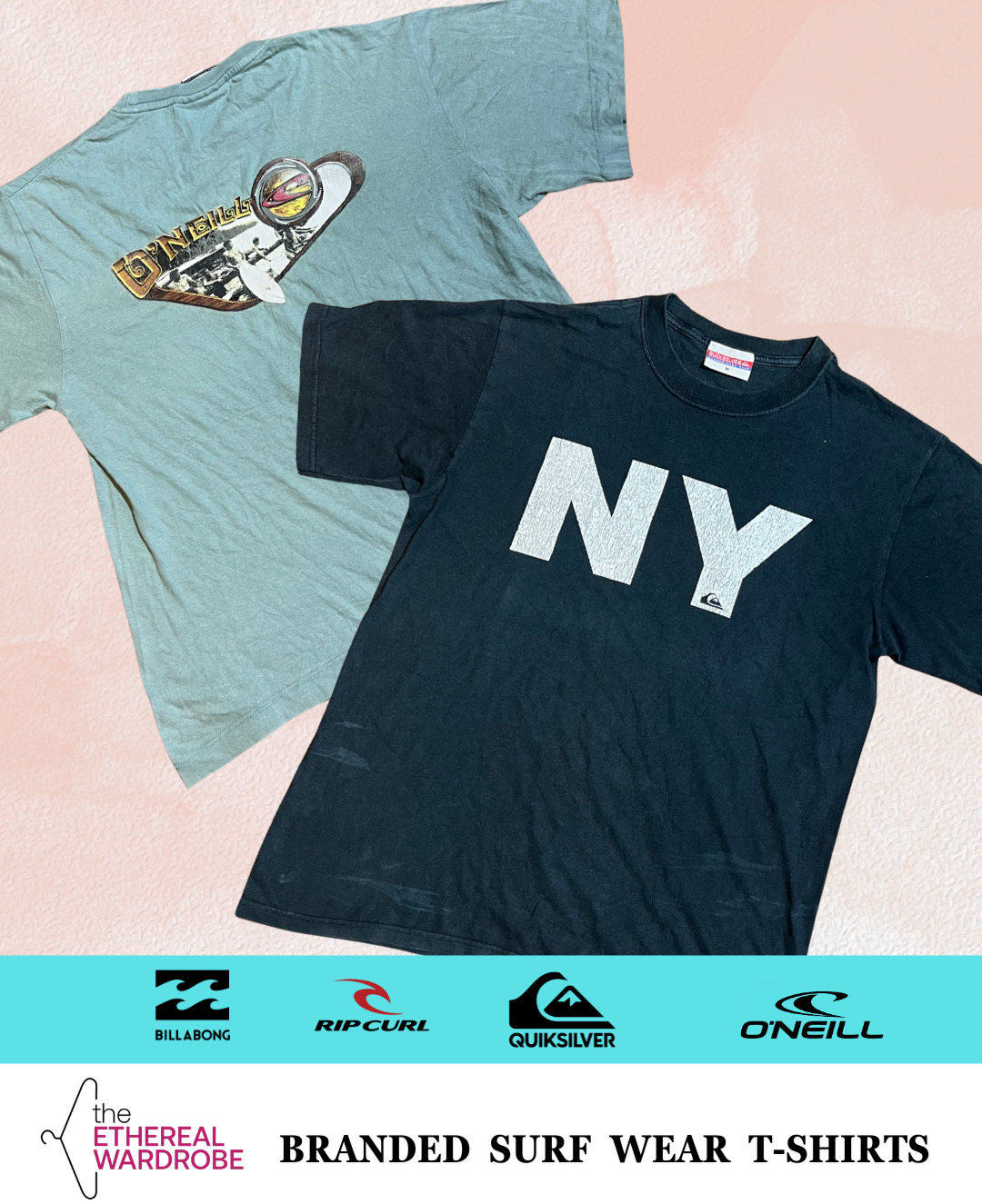 T-shirts imprimés marque de surf incluant QuikSilver, BillaBong, O'Neill et RipCurl