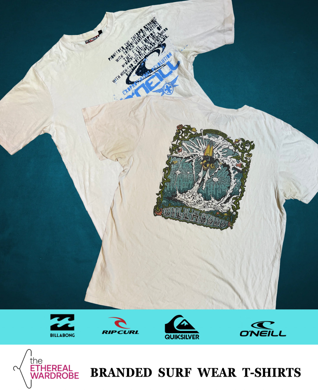 T-shirts imprimés Marque de vêtements de surf incluant QuikSilver, BillaBong, O'Neill et RipCurl