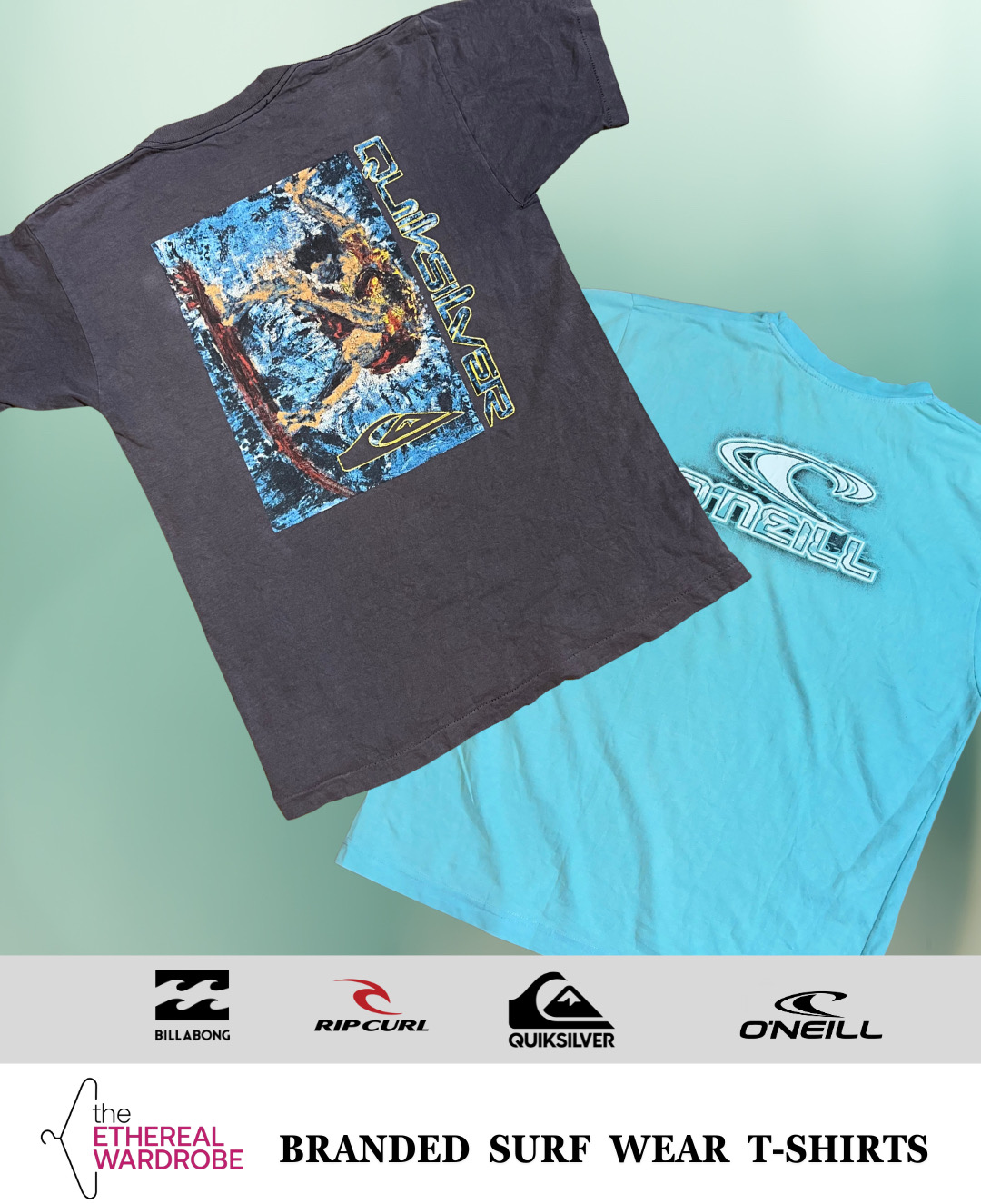 T-shirts imprimés, vêtements de surf, marque incluant Quiksilver, Billabong, O'Neill et Rip Curl