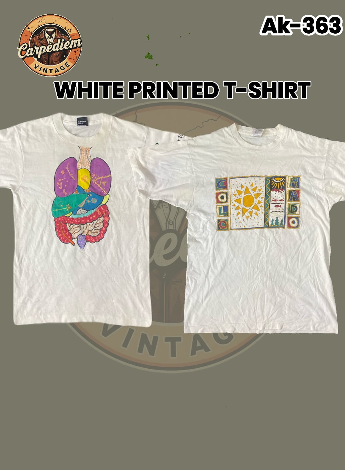 ホワイトプリントシングルステッチTシャツ Ak-363