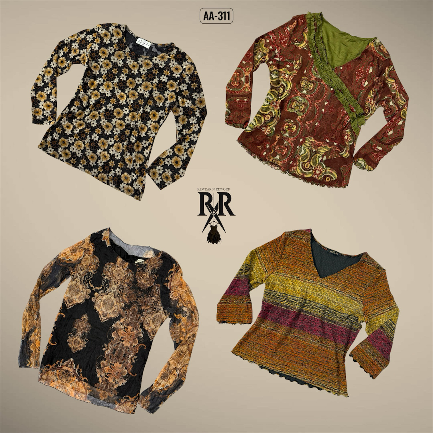 Y2K Earthy Grunge Mesh Mix Full Sleeve Tops (AA-311)