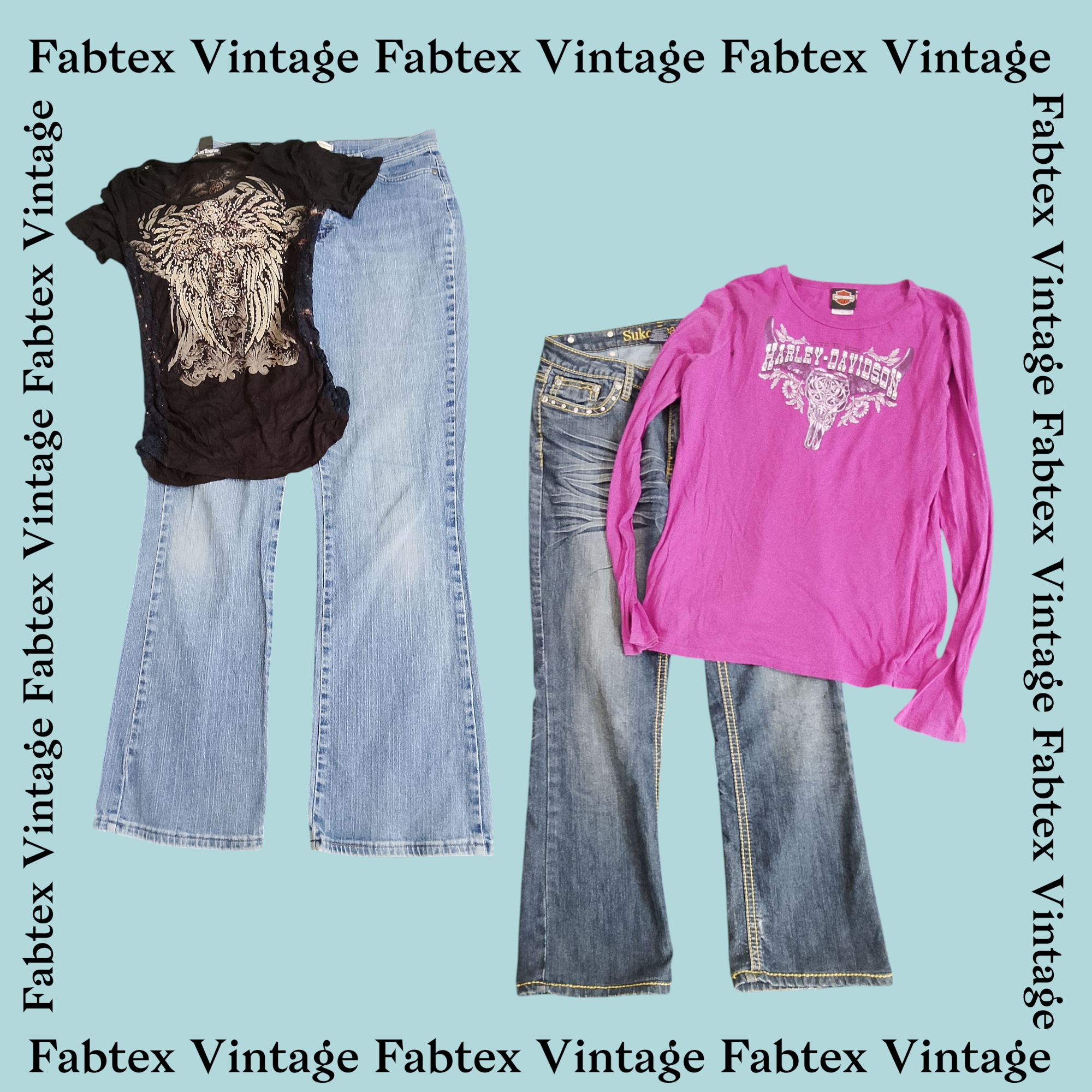 (FV-108) Y2K Embellished Flared Jeans & Grange Tees