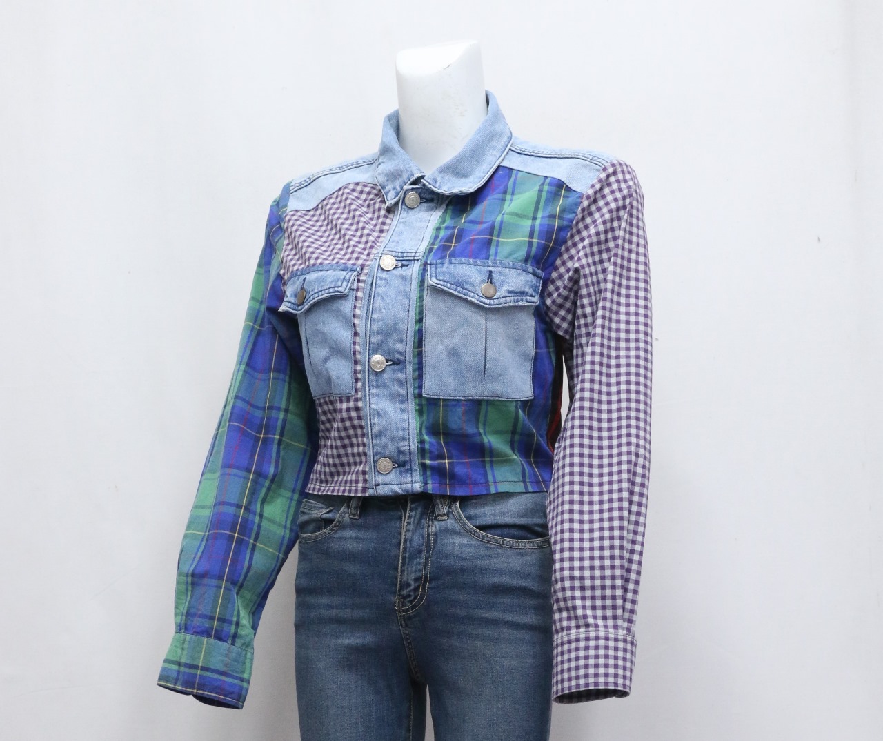 CR646 Upcycled Denim x Flannel Fusion Crop Jacket
