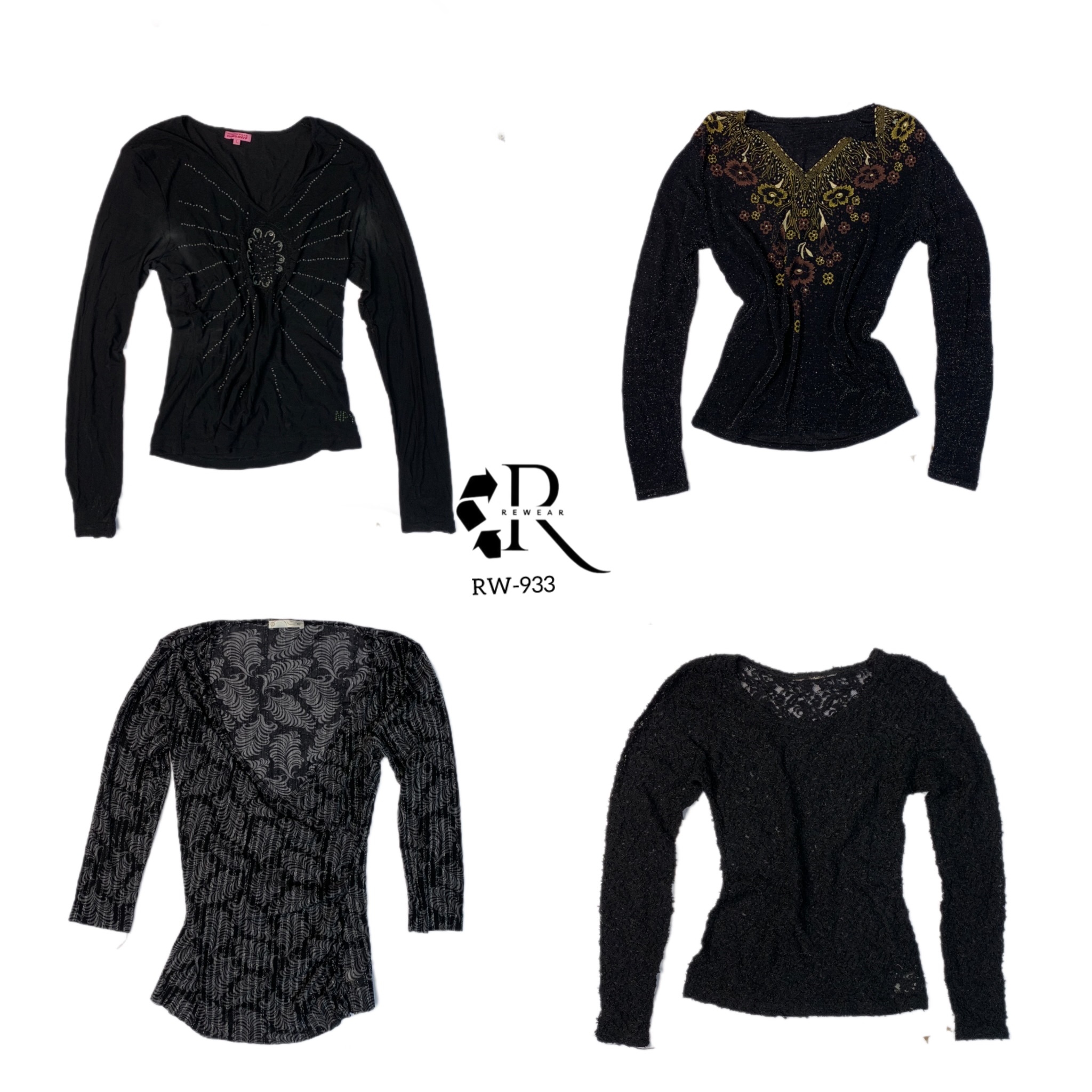 Y2K All Black Rave Full Sleeve Mesh Mix Tops( RW-933)