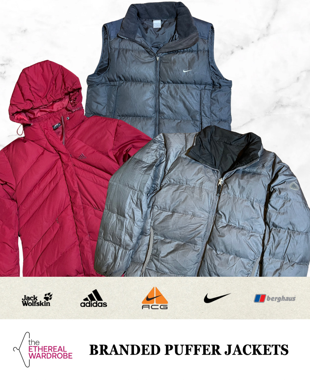 Branded Puffer Jackets including Reversible ACG,  Vintage Nike, Adidas, Berghaus & Jack wolfskin