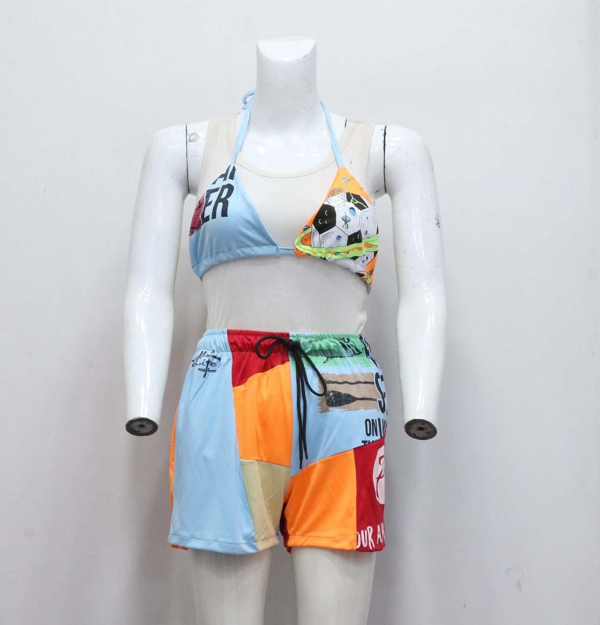CR648 Upcycled Patchwork Bikini & Shorts Co-ord Set