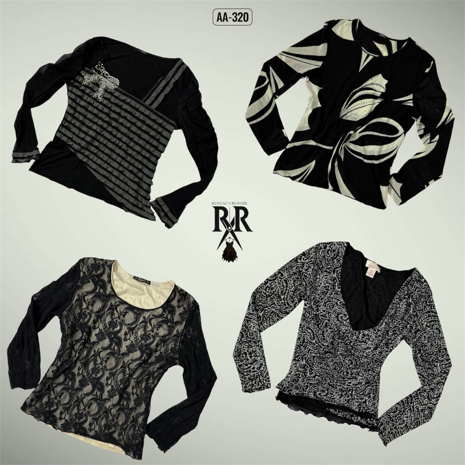 Y2K All Black Rave Full Sleeve Mesh Mix Tops (AA-320)