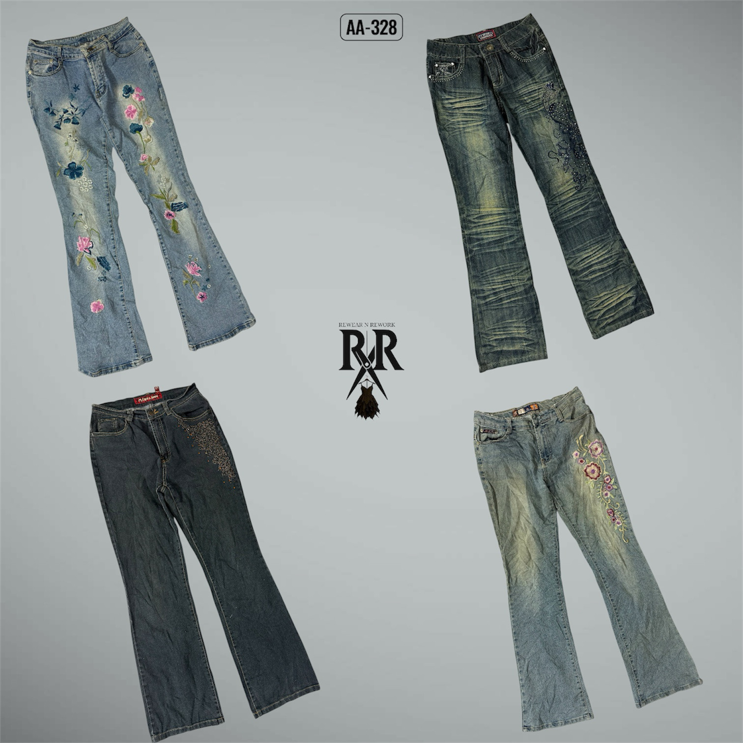 Y2K IT Girl Embroidery Mix Denim Jeans (AA-328)
