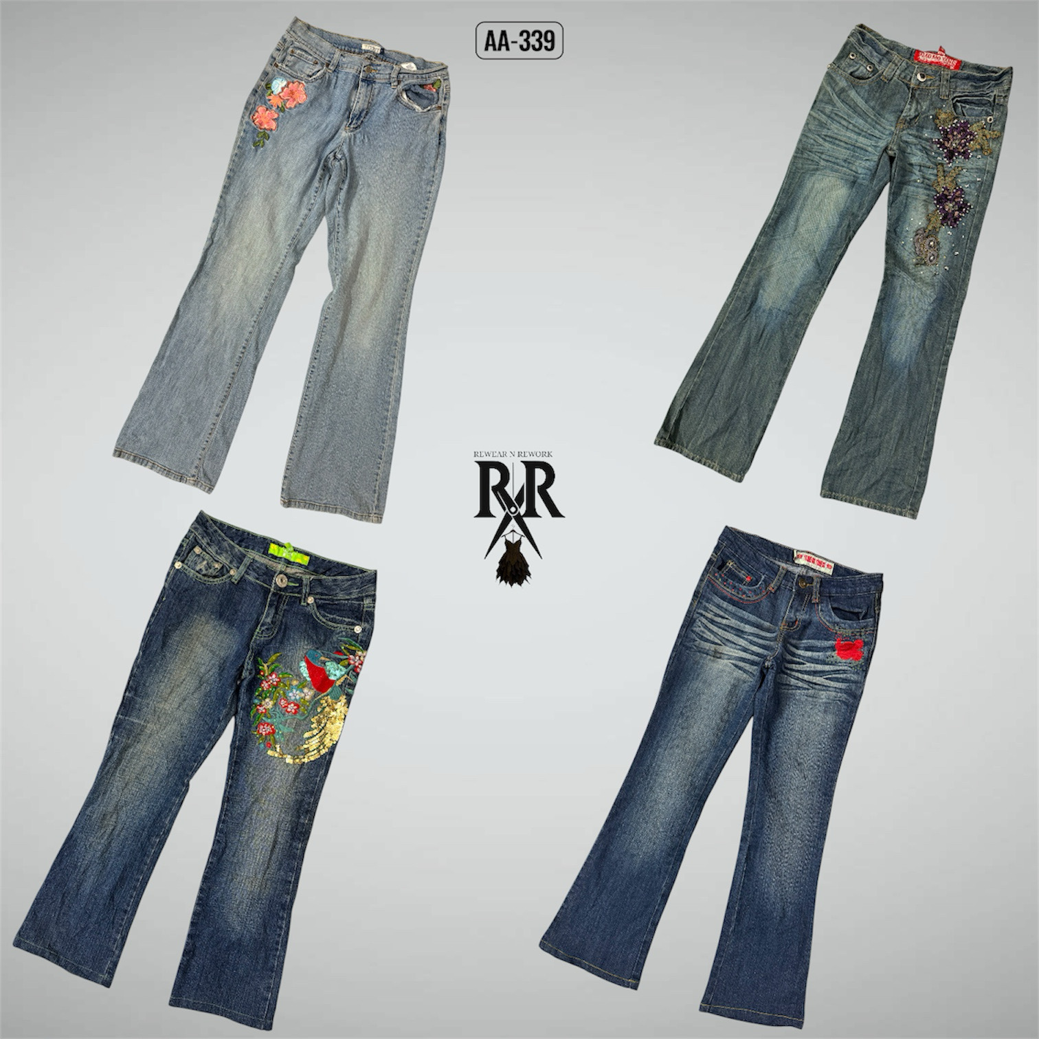 Y2K IT Girl Embroidery Mix Denim Jeans (AA-339)