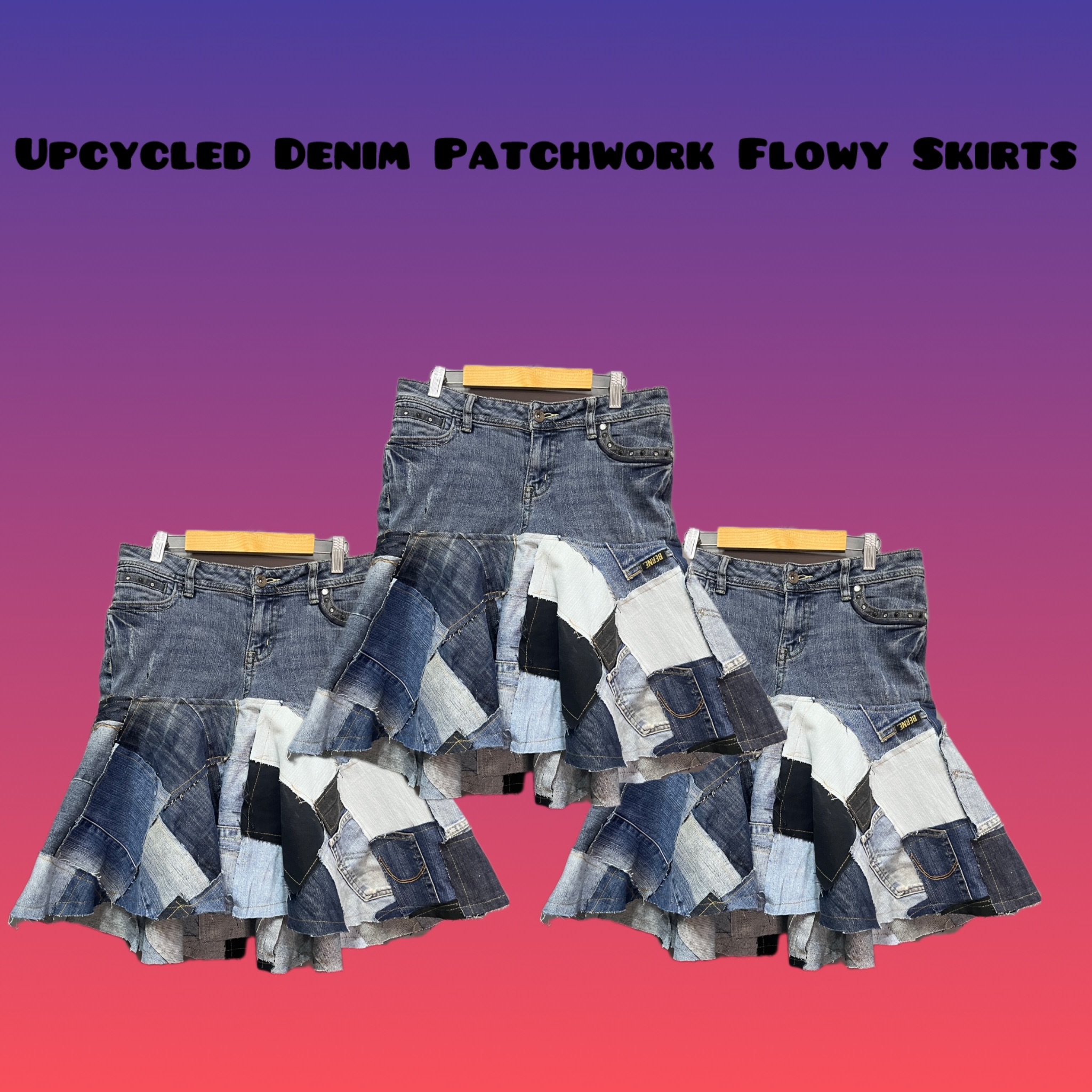 Upcycled Denim Unique Patchwork Flowy Skirts (REP)