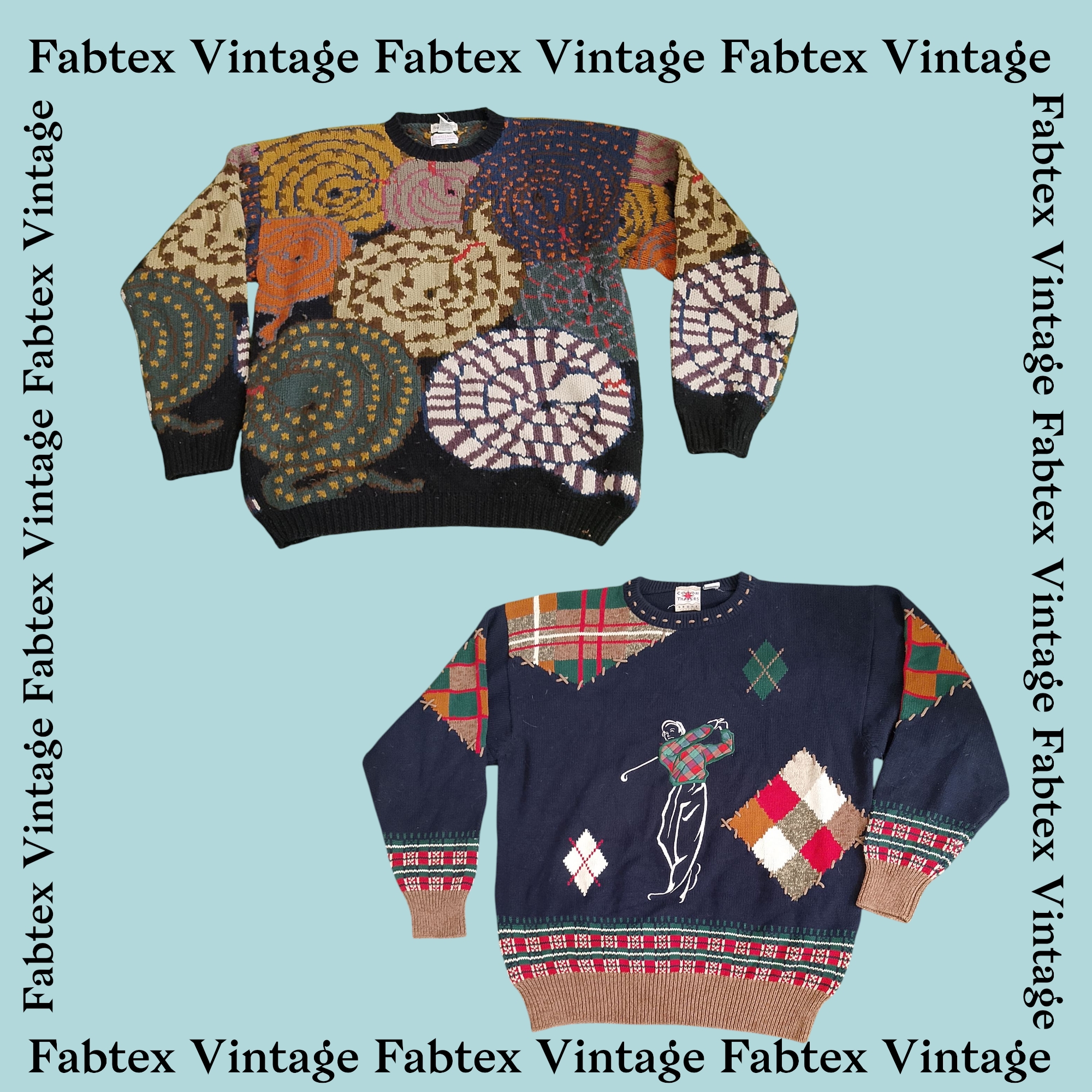 (FV-203) ヴィンテージ 80年代-90年代 パターンニットセーター レトロ抽象クージースタイルプルオーバー Y2Kウィンタージャンパー