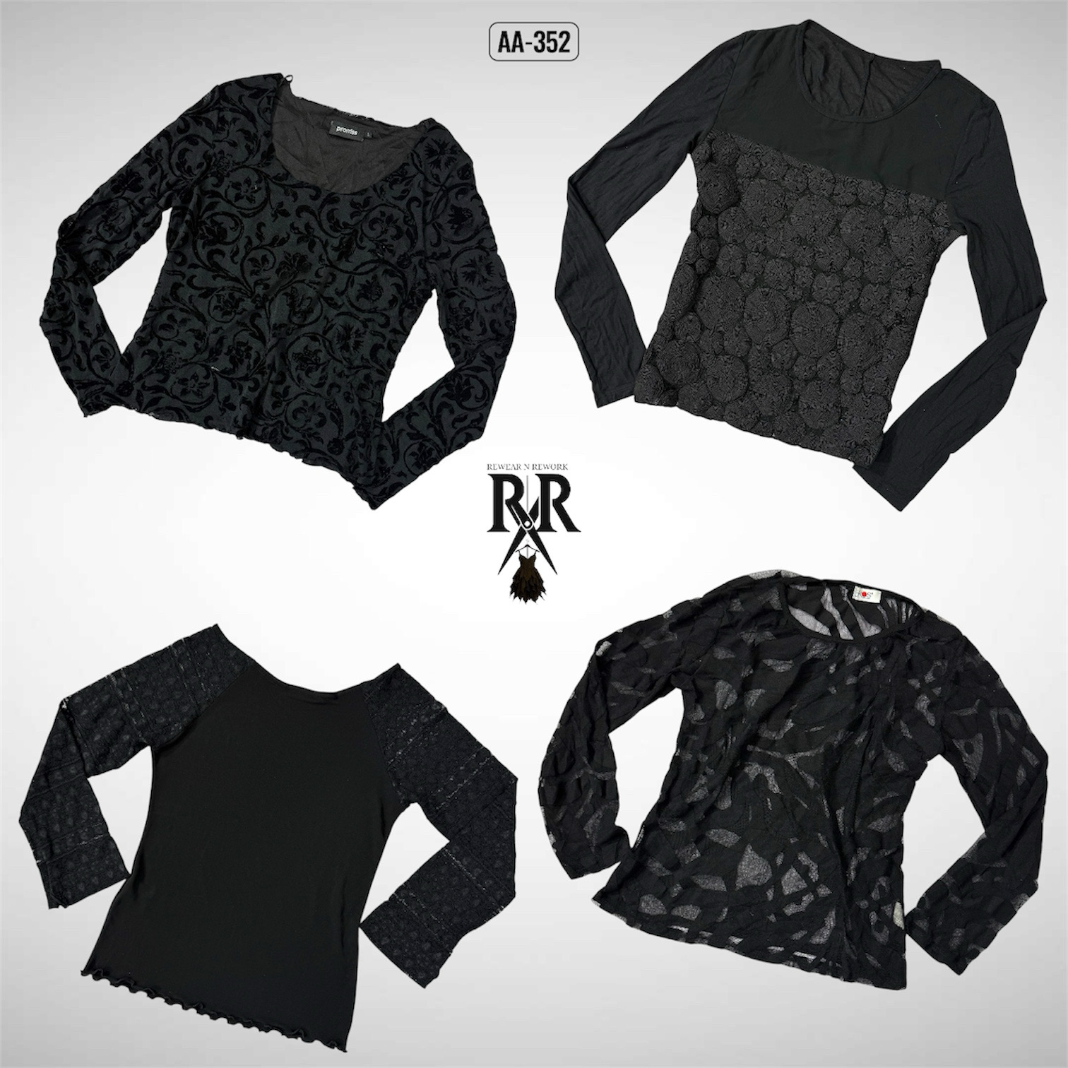 Y2K All Black Gothic Full Sleeve Mesh Mix Tops (AA-352)