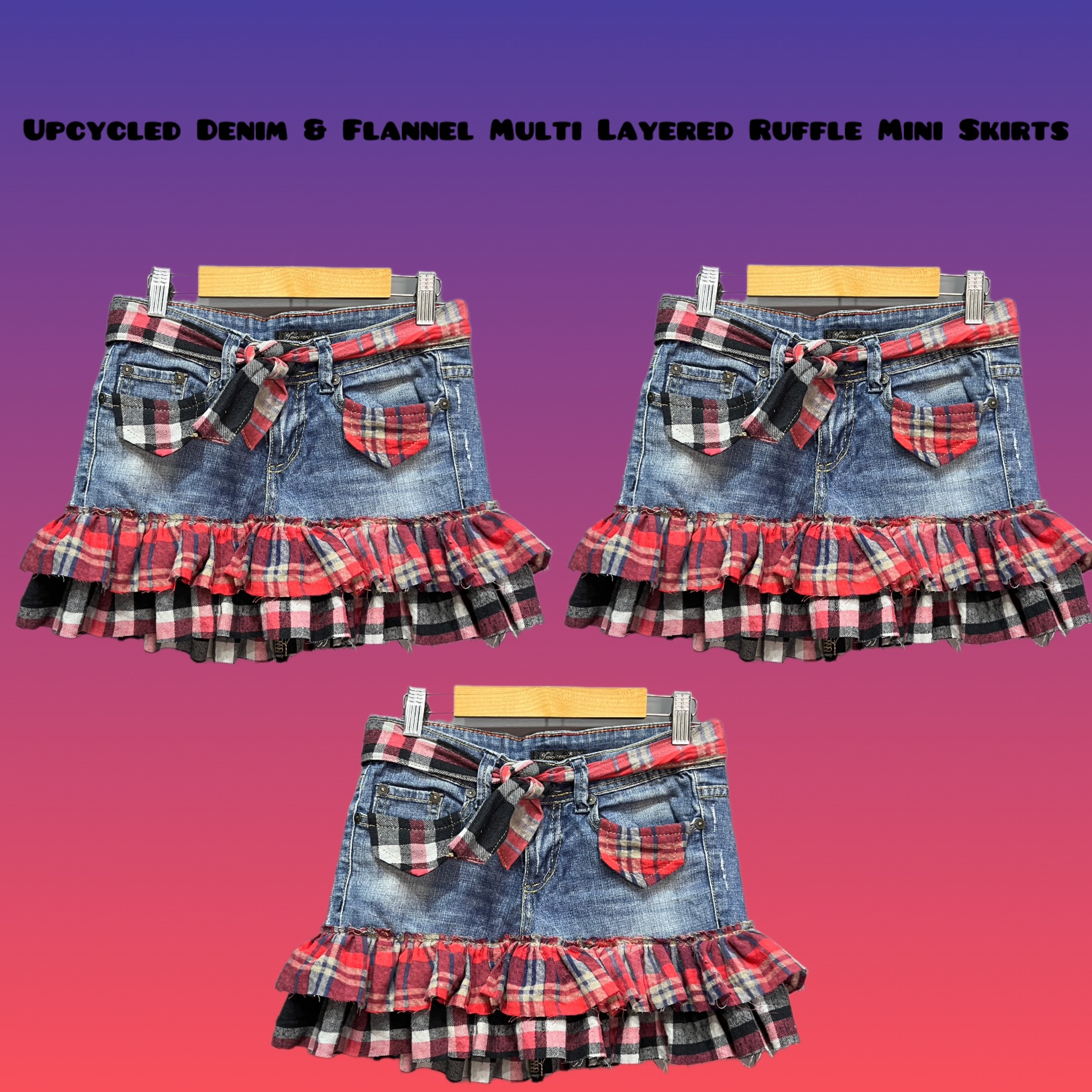 Upcycled Denim & Flannel Multi Layered Ruffle Mini..