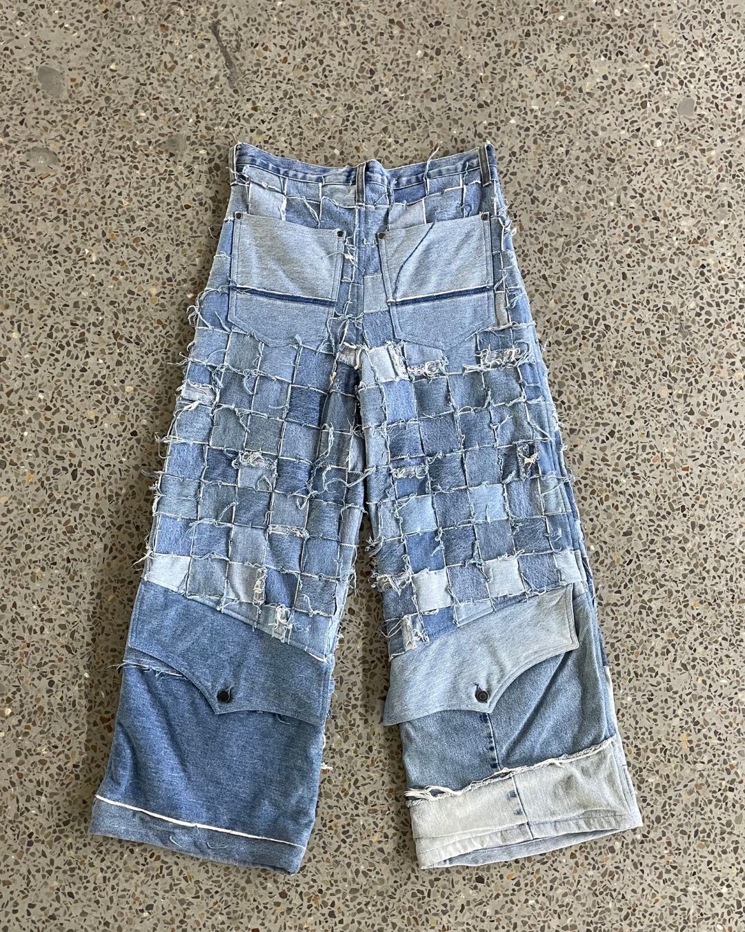 Calças de Denim em Patchwork Mini Grid Recicladas