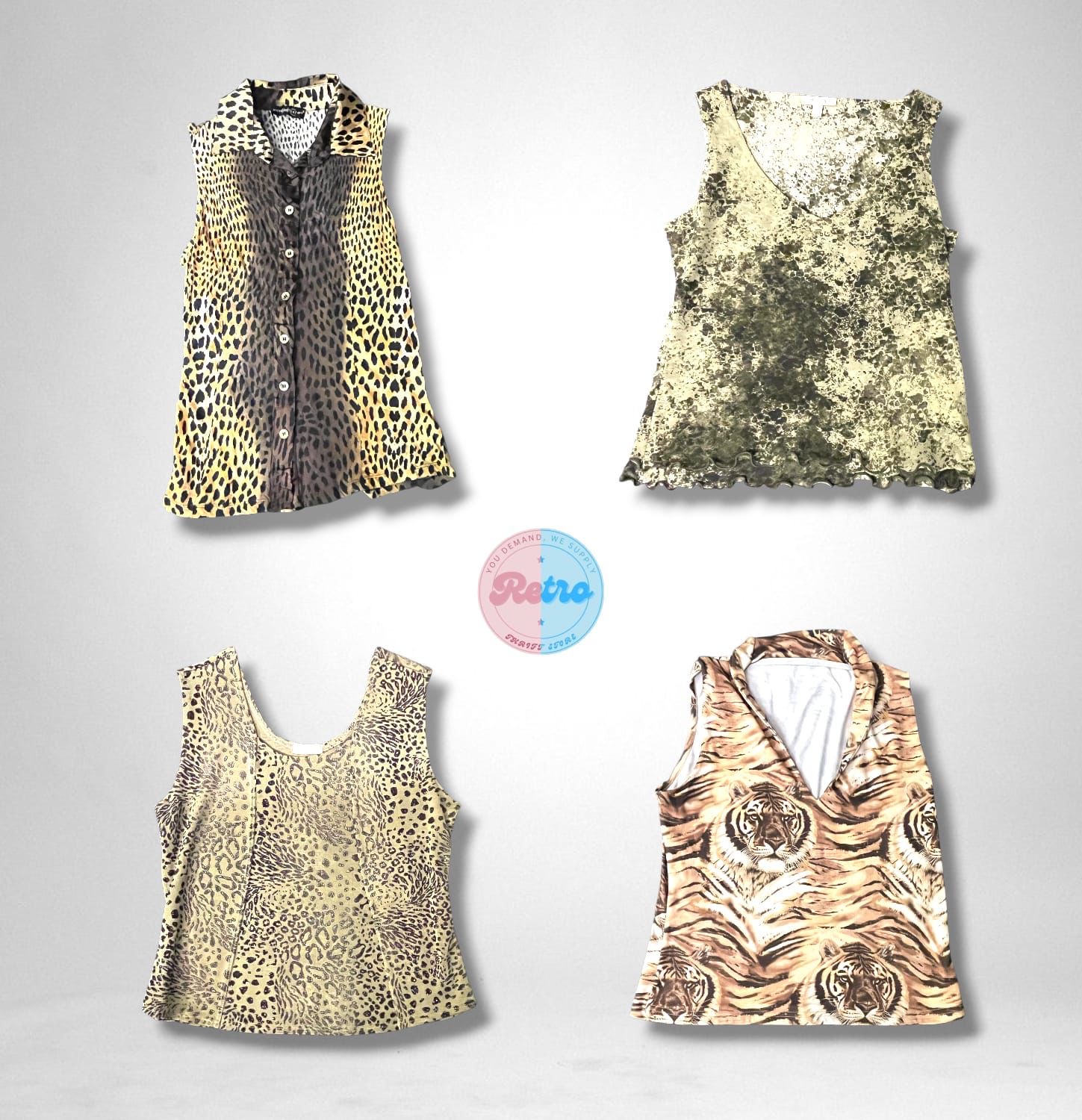 Vintage Earth Tone Safari Print Sleeveless Blouses..
