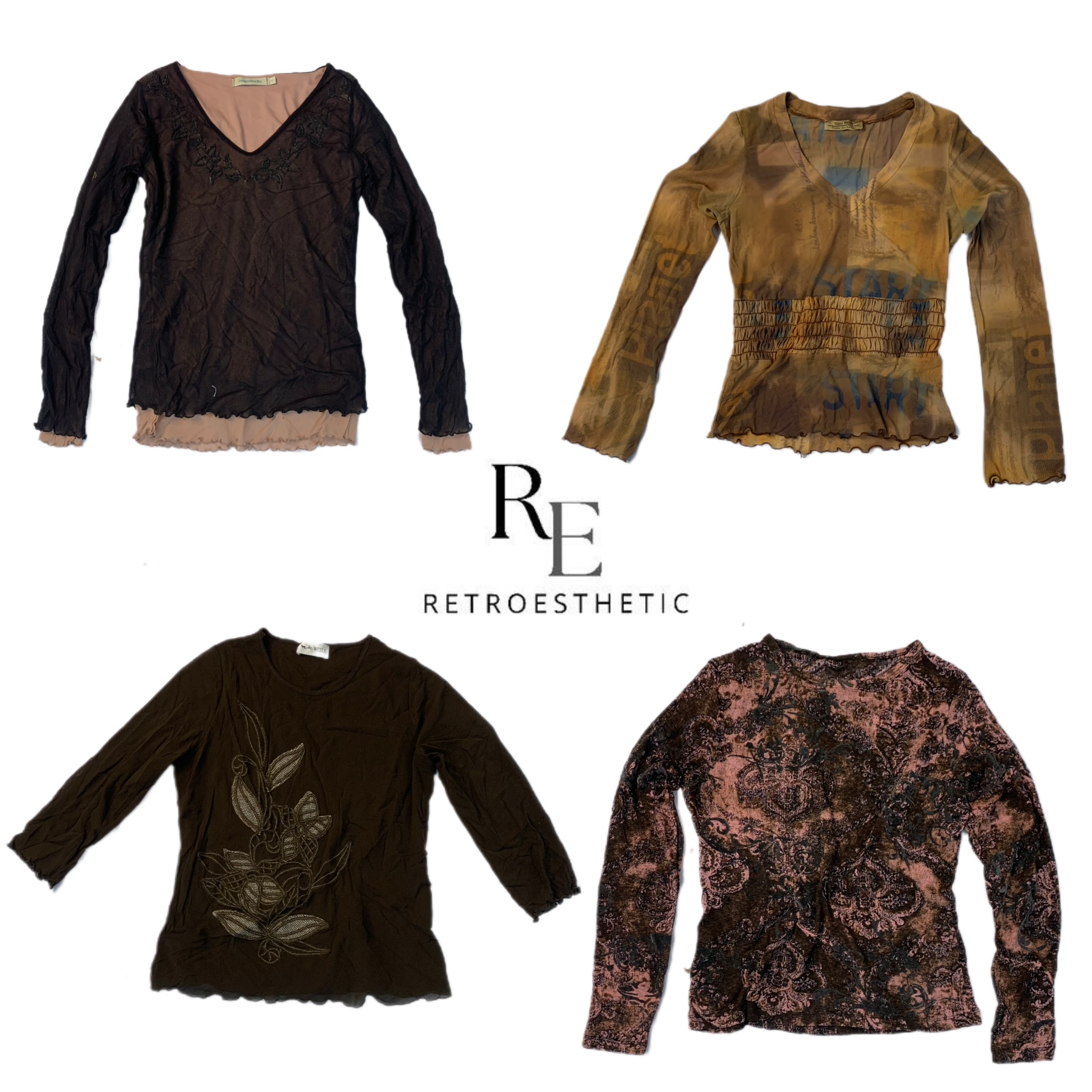 Tops de manga longa em tom terroso Y2K (RE-2352)