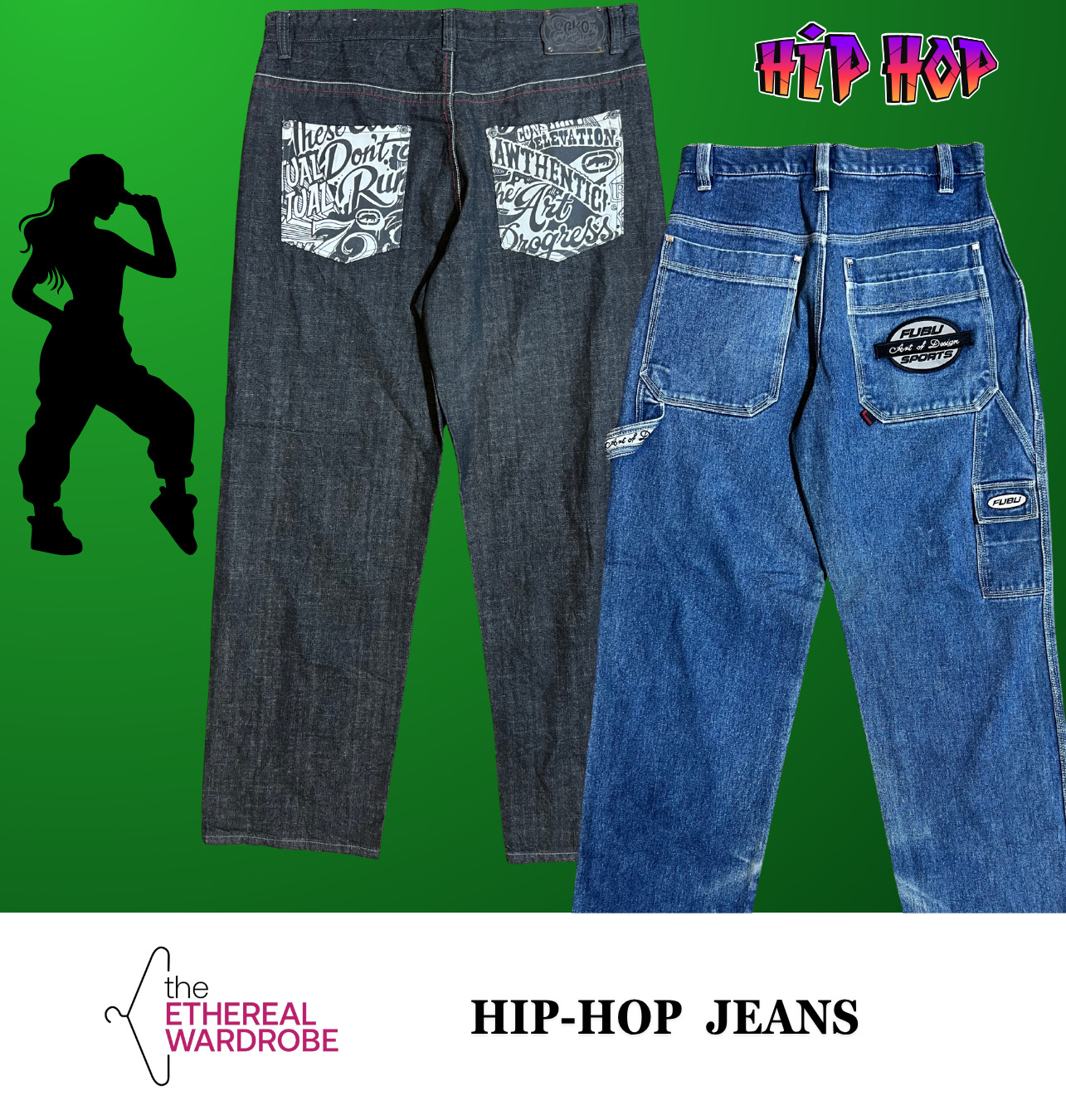 Jeans Hip Hop Premium tra cui Ecko Unltd, FUBU, Karl Kani, Southpole, Akademiks e altri marchi