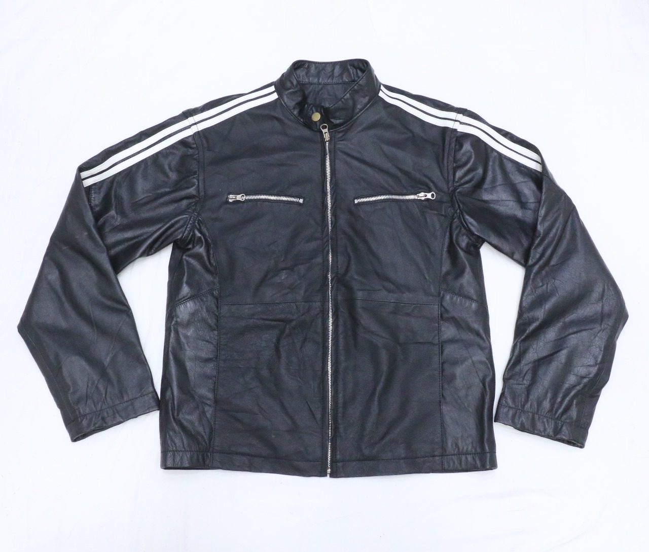 CR693 Upcycled  Men’s Classic Black Leather Racer Jacket with Dual White Stripes