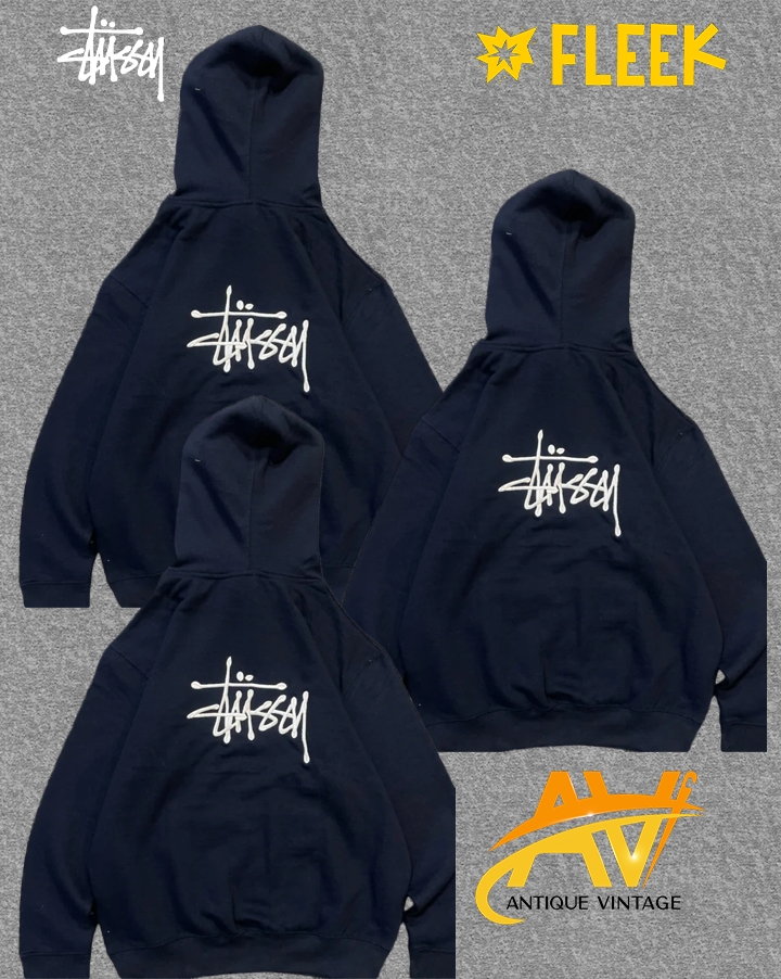hoodies azul marinho bordados estilo reworked da stussy