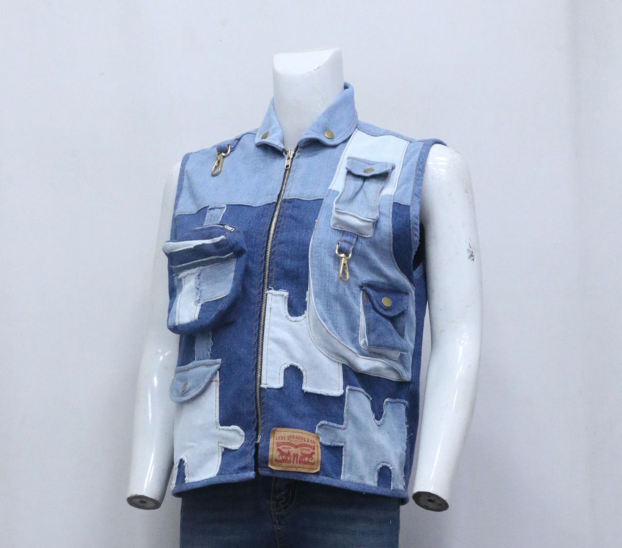 CR699 Upcycled Patchwork Puzzle Denim Utility Weste