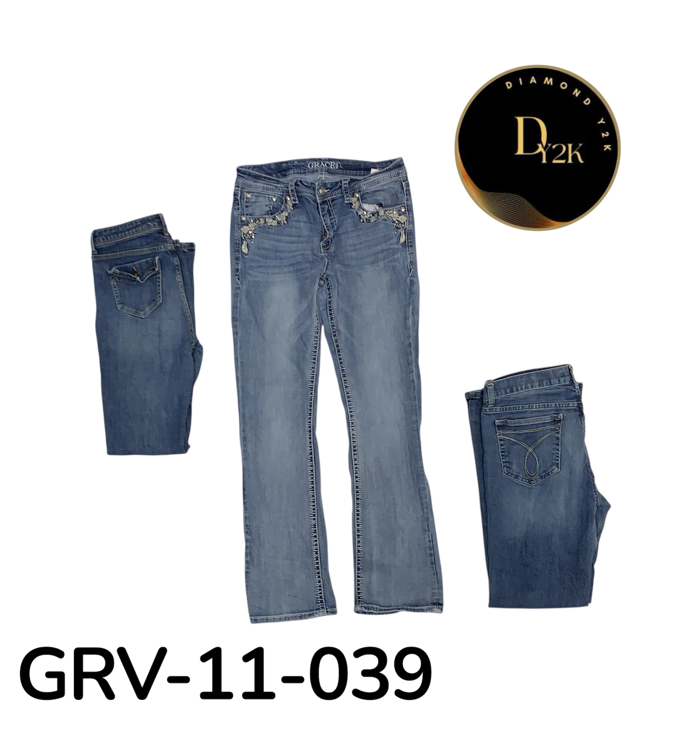 Jeans de campana de tiro bajo Y2K – Look de mezclilla de principios de los 2000 (GRV-11-039)