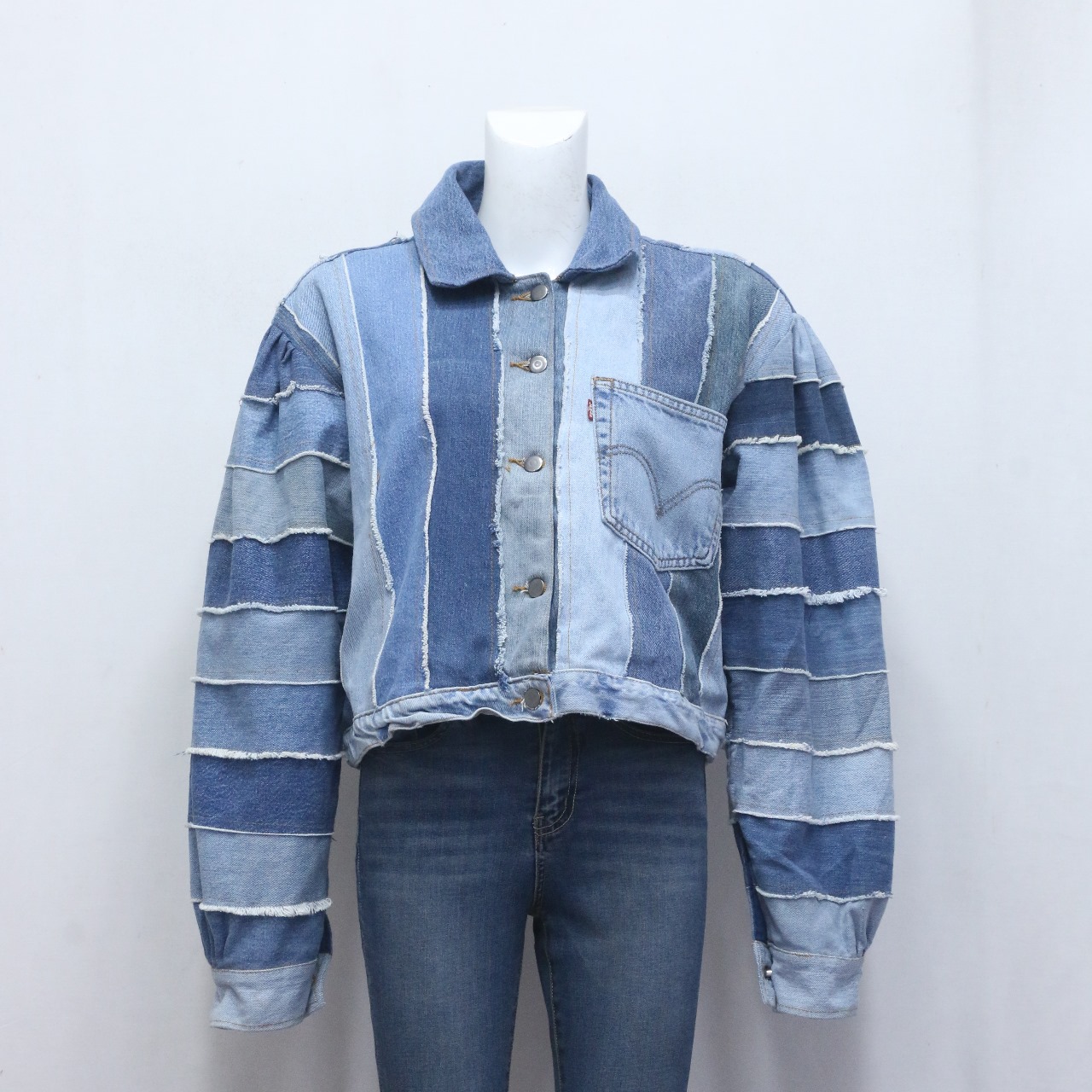 CR704 Upcycled Striped Denim Patchwork Cropped Jac..