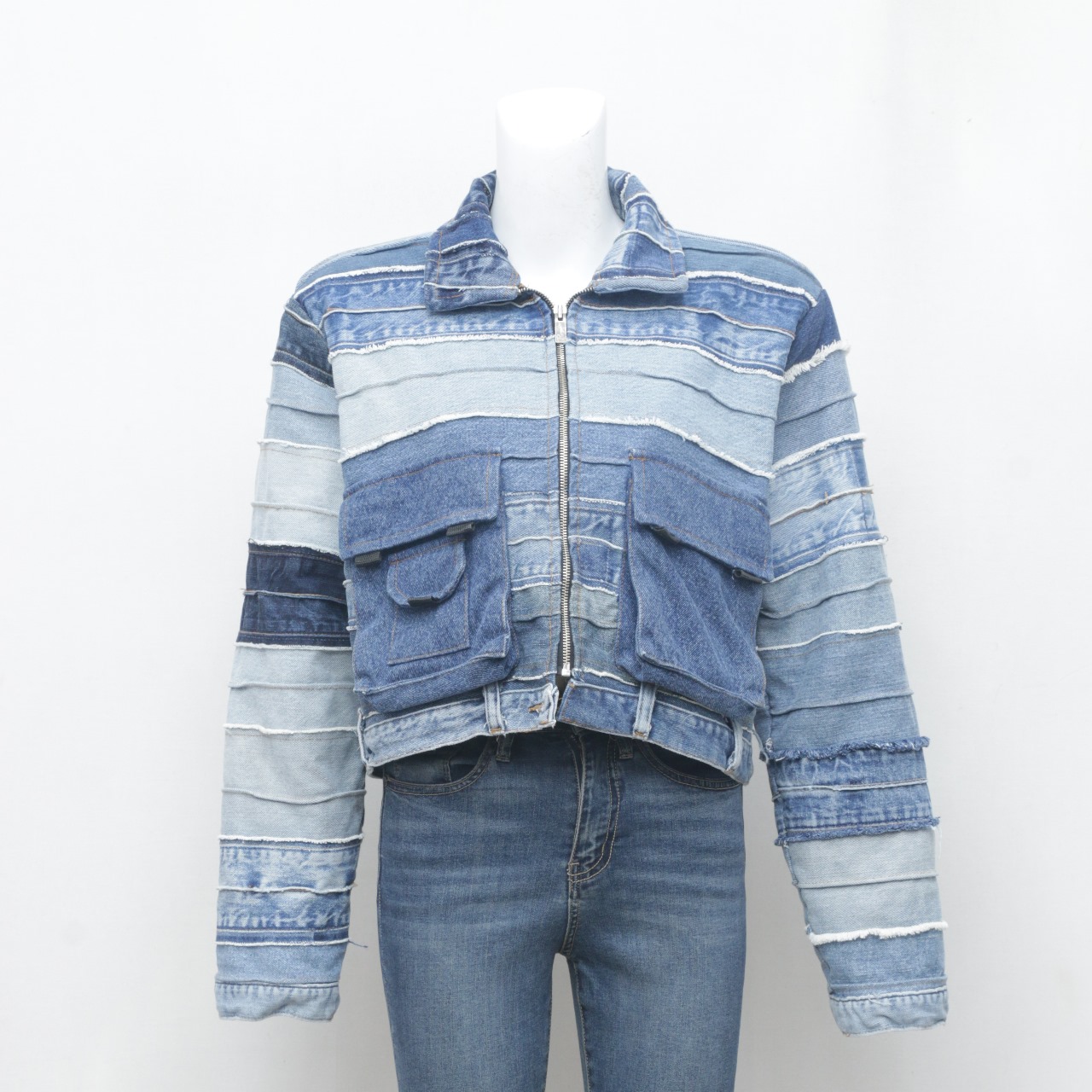 CR705 Upcycled Horizontal Denim Patchwork Cropped ..