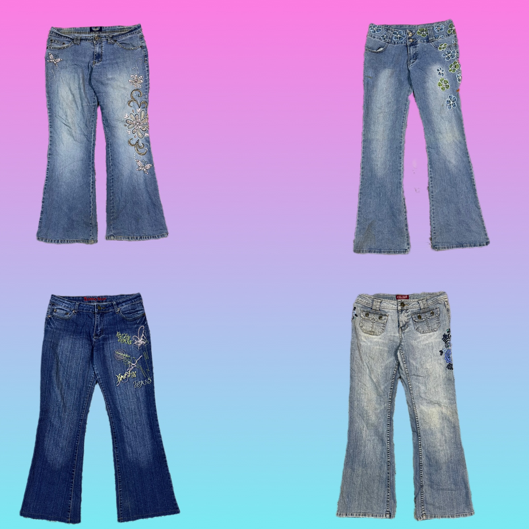 Jeans a zampa d'elefante in denim unico Y2K (TH-047)