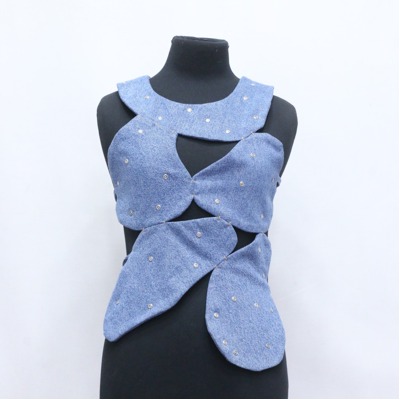 CR706 Upcycled Abstract Denim Cutout Corset Top