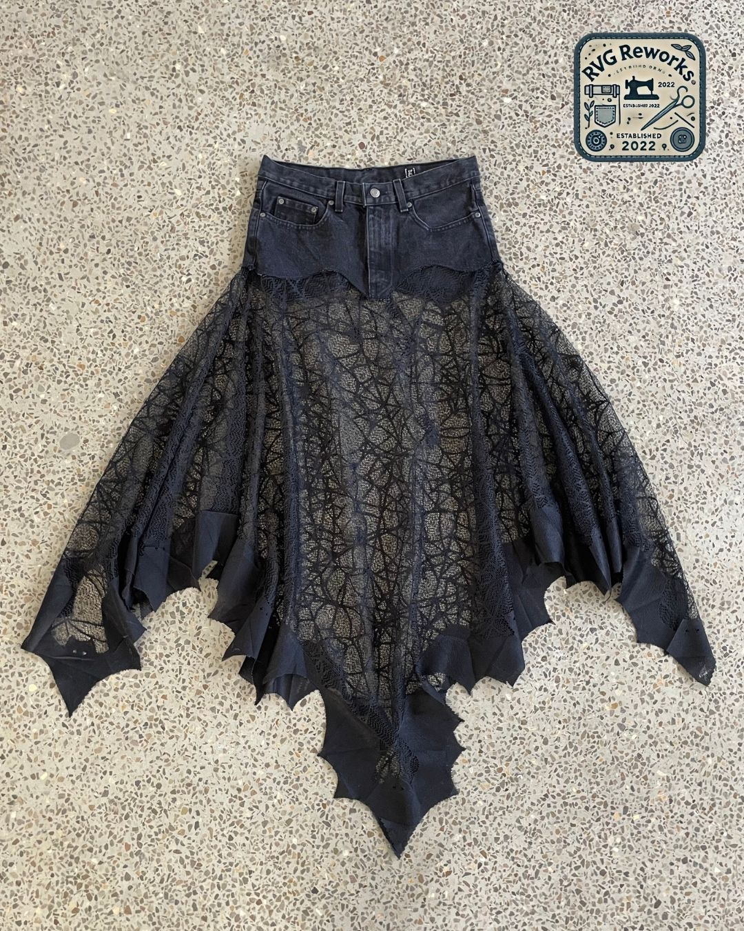 Upcycled Denim & Net Skirt