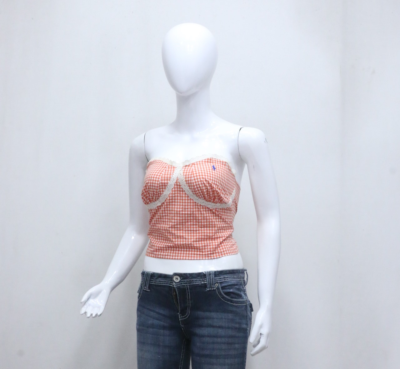 CR725 Upcycled Gingham Lace Bustier Top