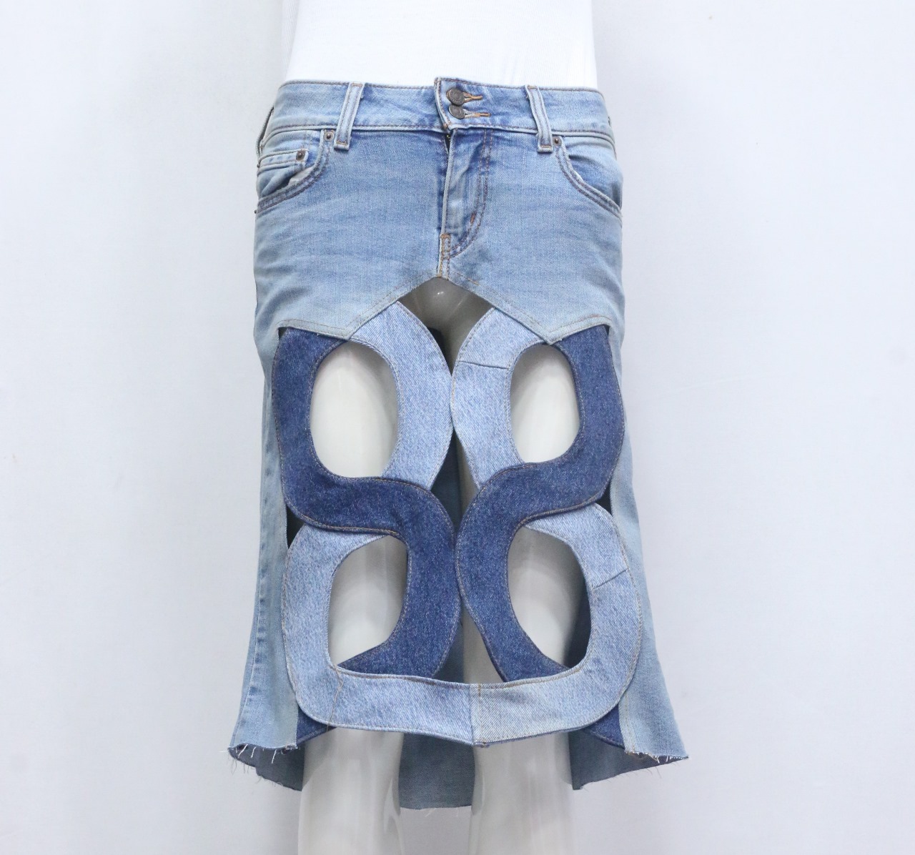 CR738 Upcycled Dual-Tone Geometric Cut-Out Denim S..