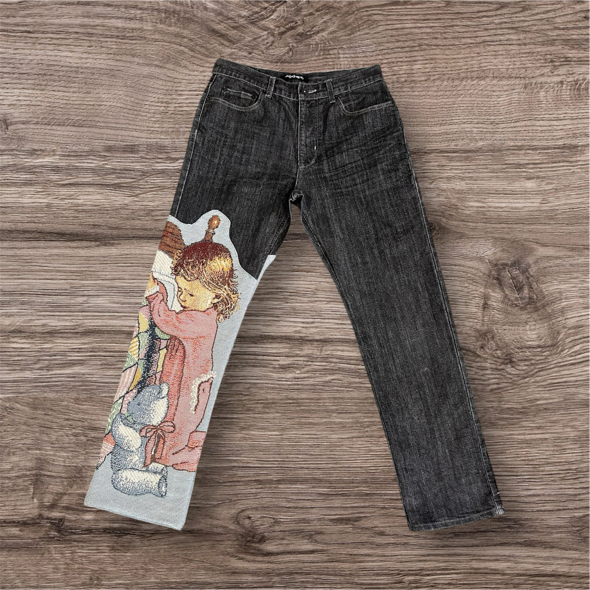 Fs-07 Upcycled denim pant with tapestry patch