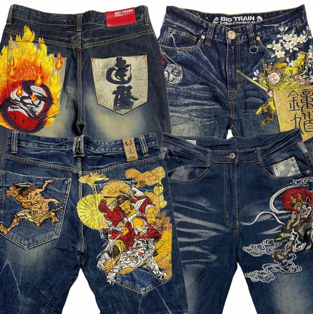 Japanisch bestickte Marken- und Nicht-Marken-Jeans