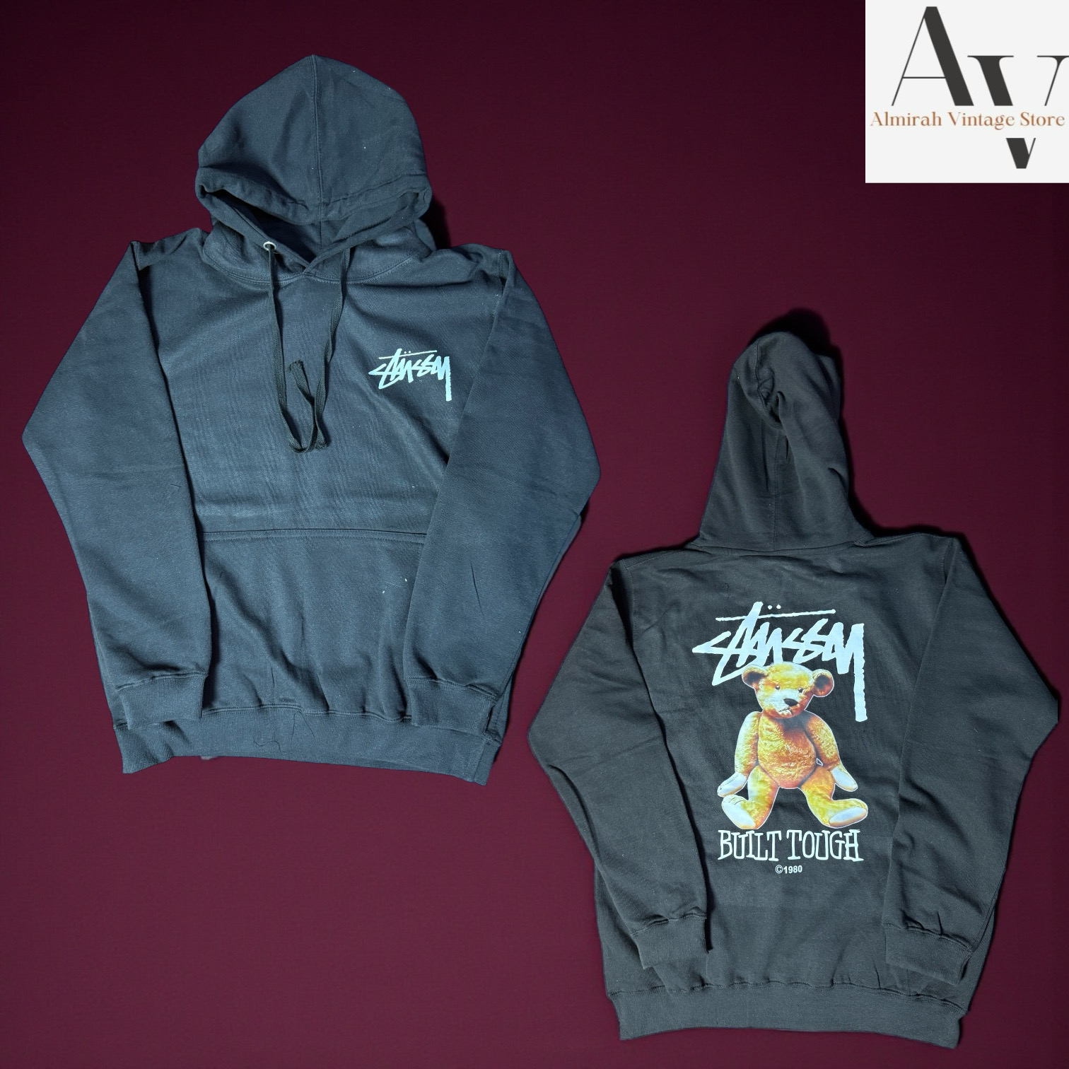 Stussy rework style bear hoodie noir