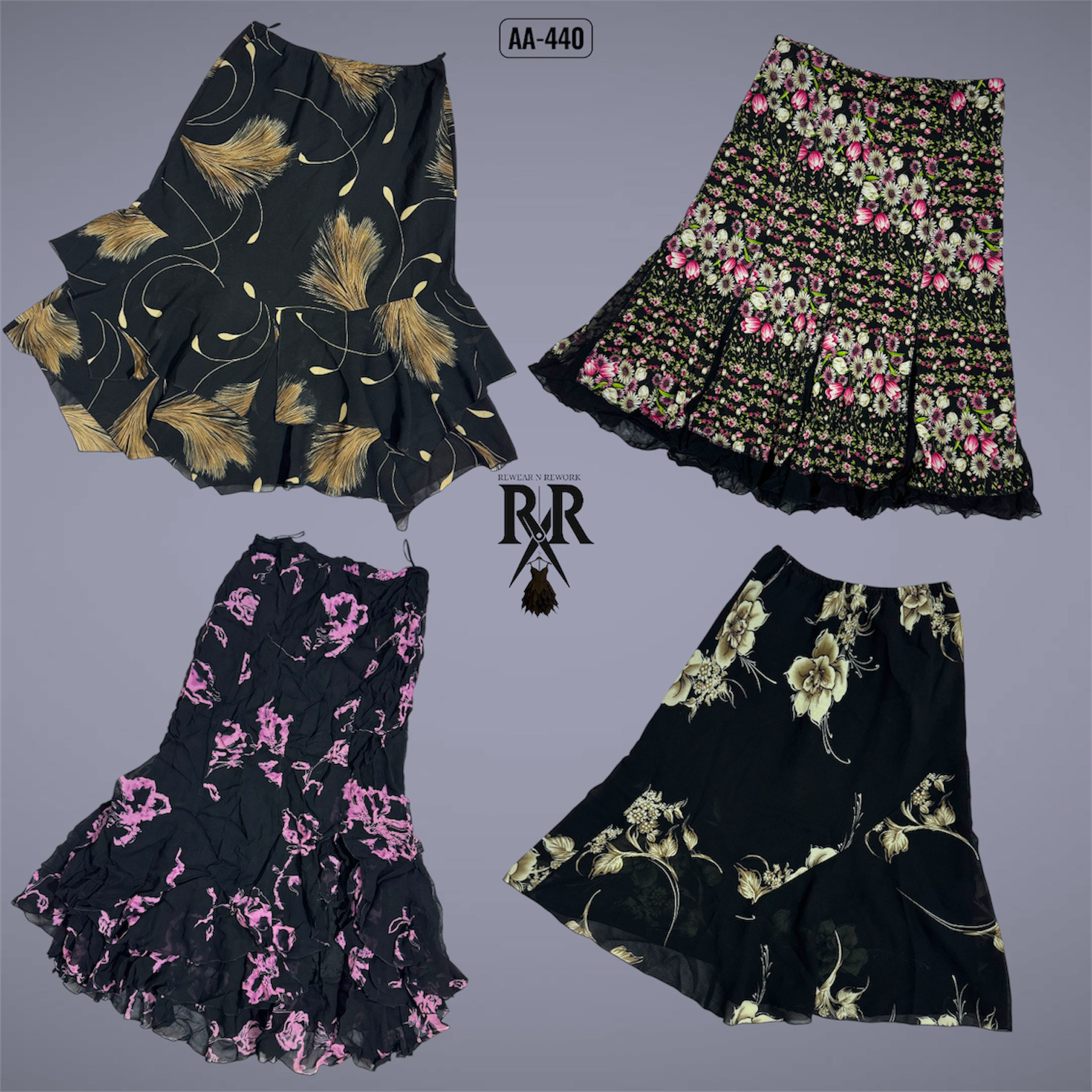 Y2K Black Rave Floral Summer Skirts (AA-440)