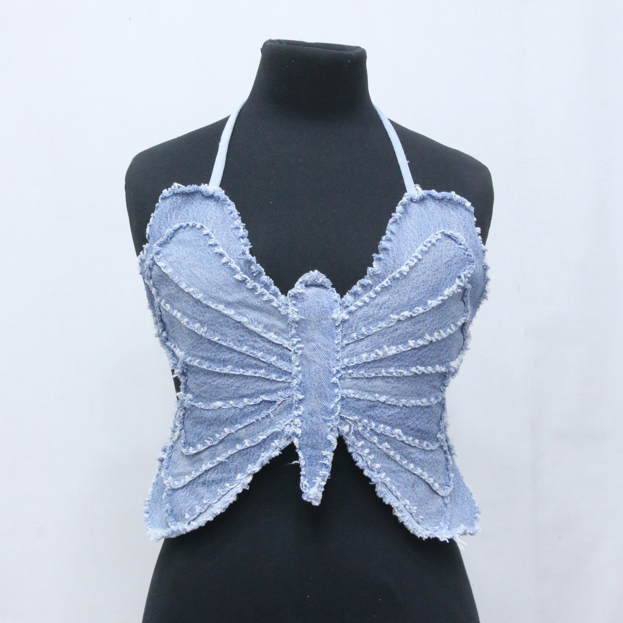 CR831 Upcycled Denim Butterfly Crop Top