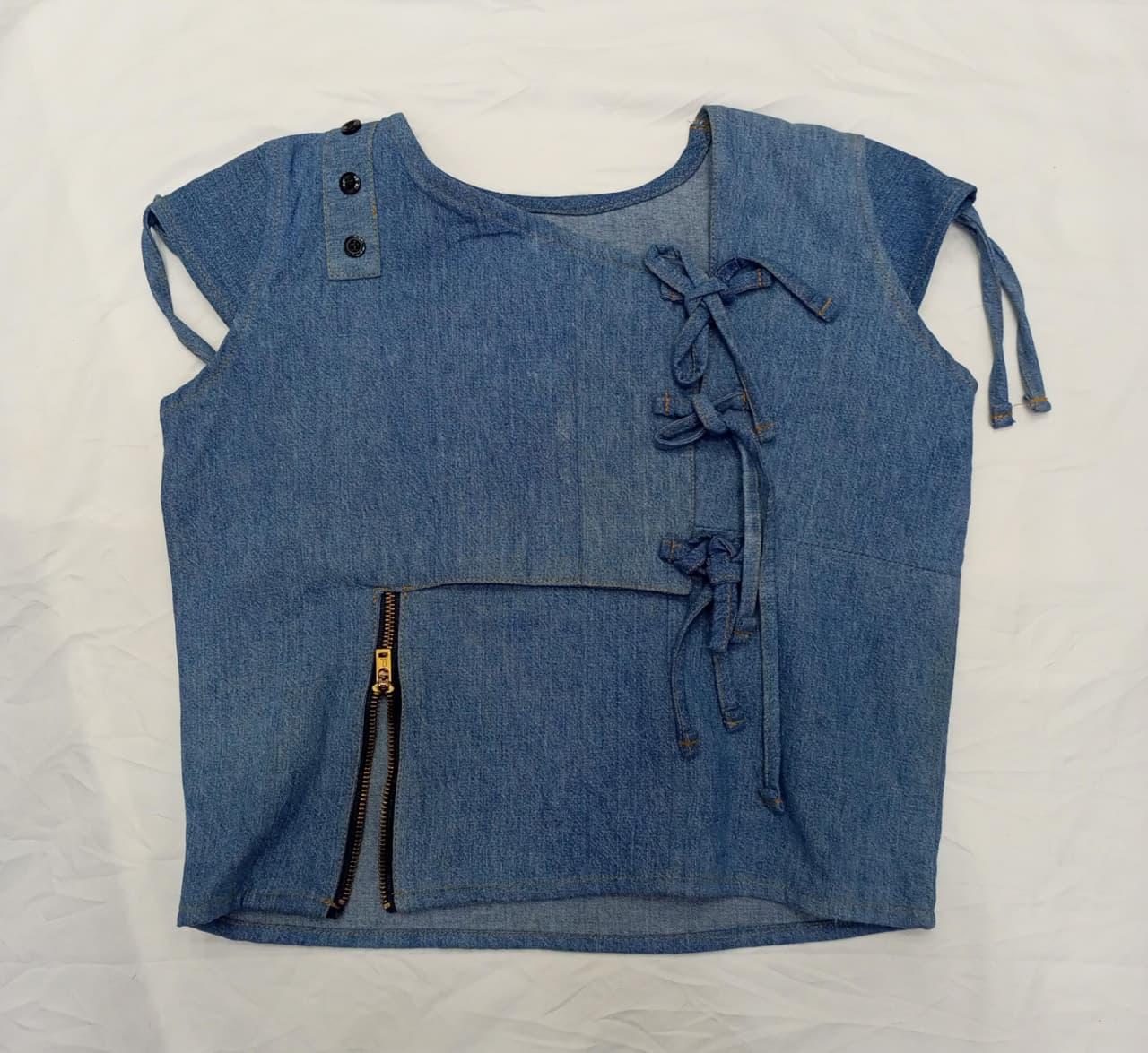 CR839 Upcycled  The Deconstructed Denim Lace-Up Top