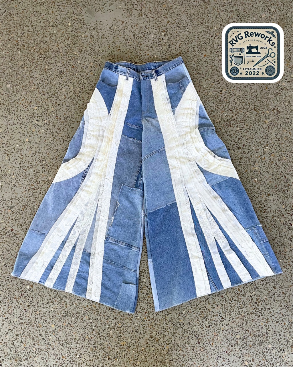 Upcycled Denim & Lace Wide-Leg Pants