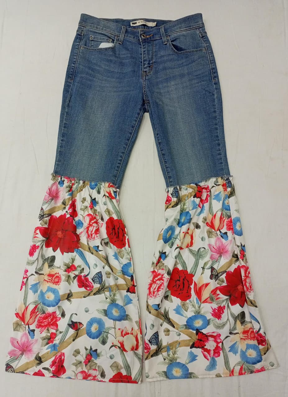 CR856 Upcycled Denim & Floral Printed  Flare Pants