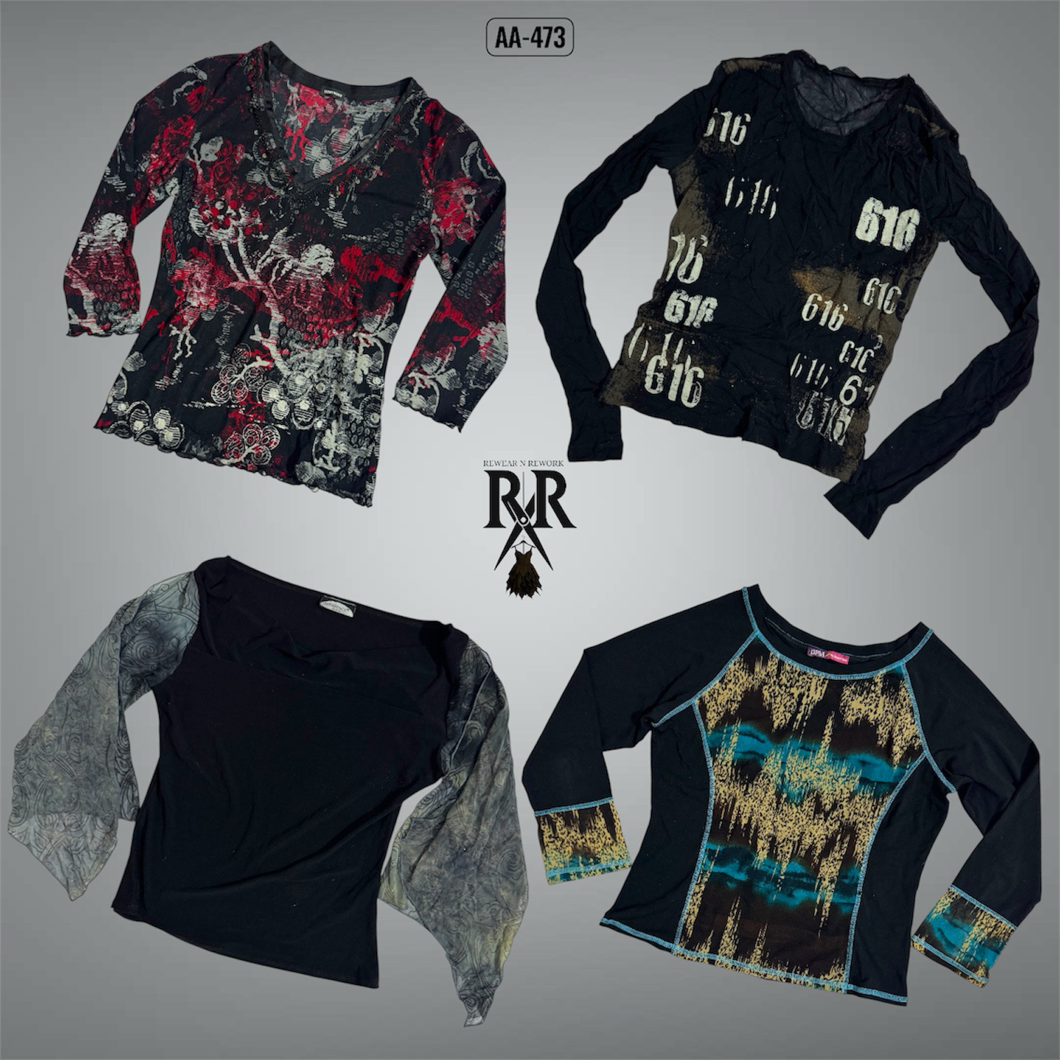 Y2K All Black Rave Mesh Mix Full Sleeve Tops (AA-473)