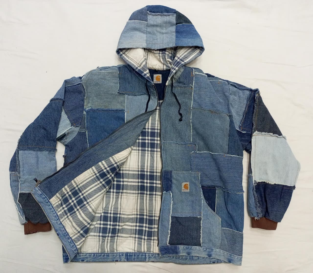 CR880 Upcycled Carhartt Denim Patchwork Hooded Jacket