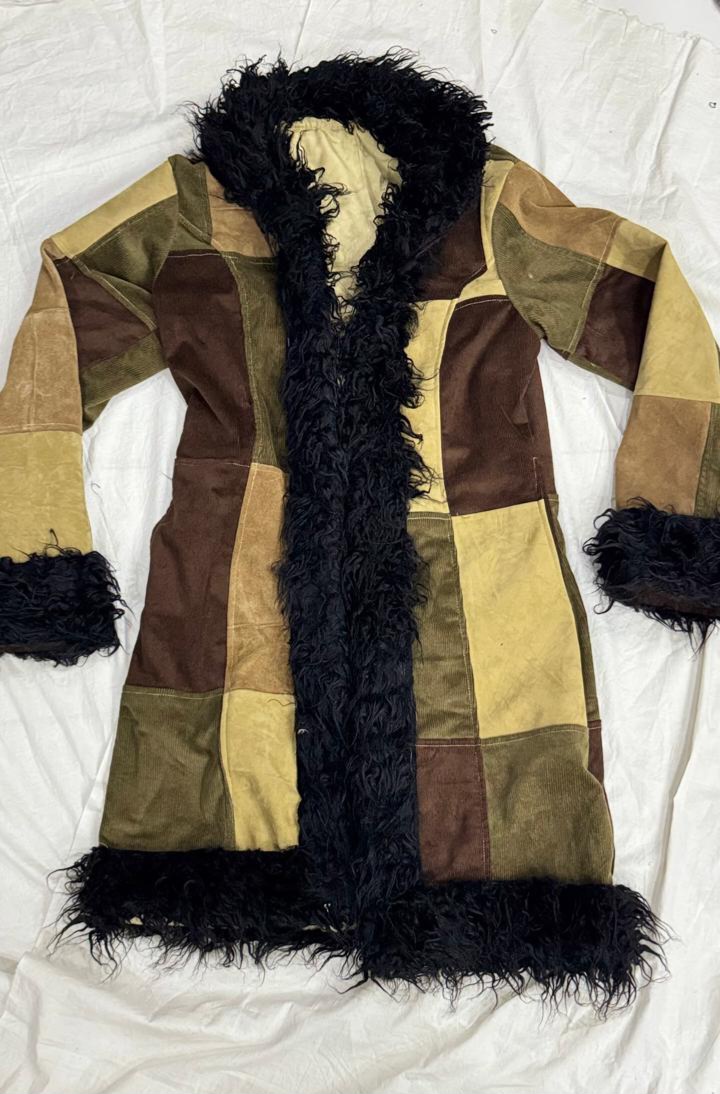 Upcycled Patchwork Suede & Corduroy Coat with Faux Fur Trim