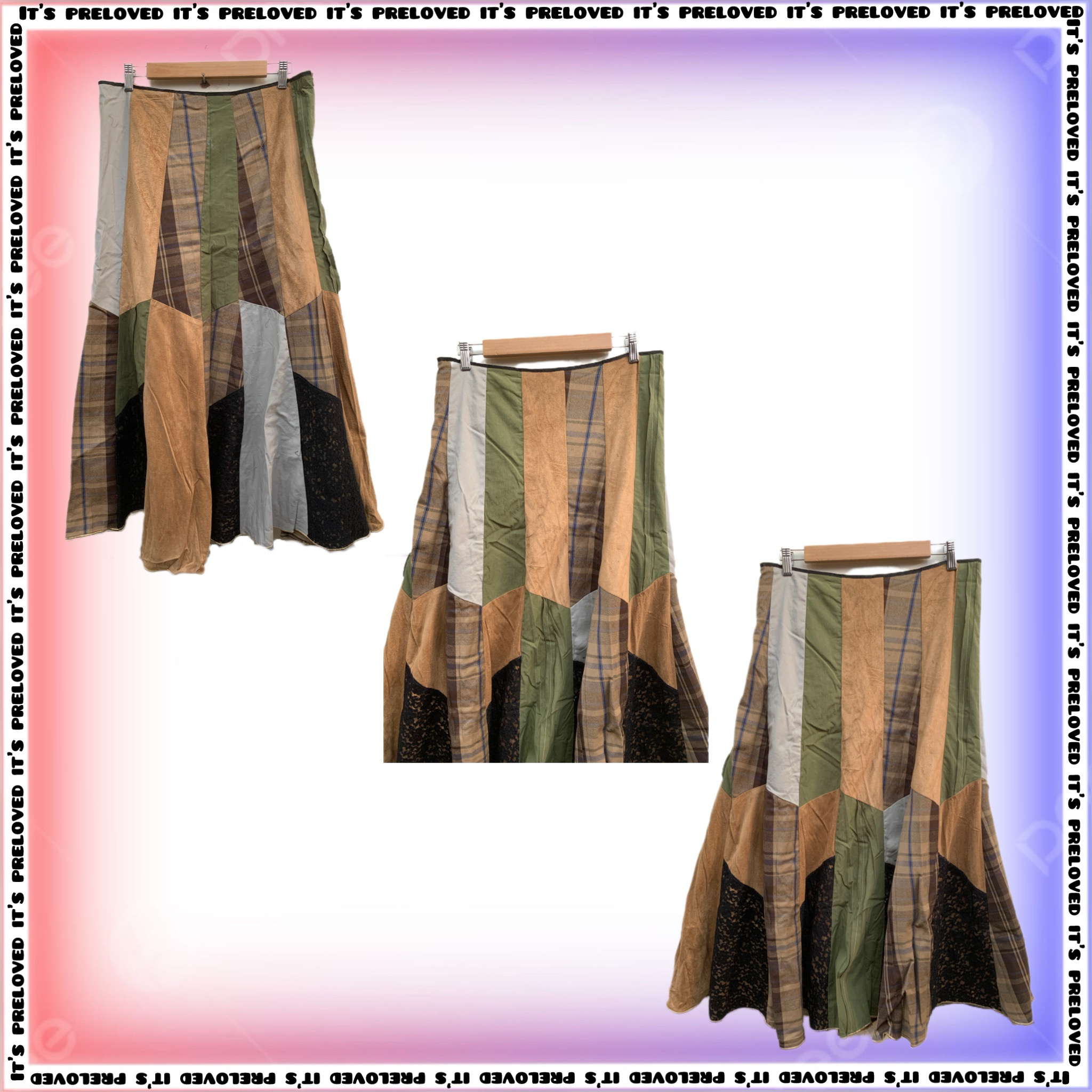 Jupe longue en daim patchwork upcyclé, dentelle et plaid