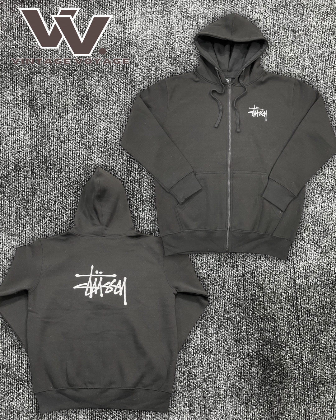 Stussy reworked style black zipper embroidered fleece hoodie #272125
