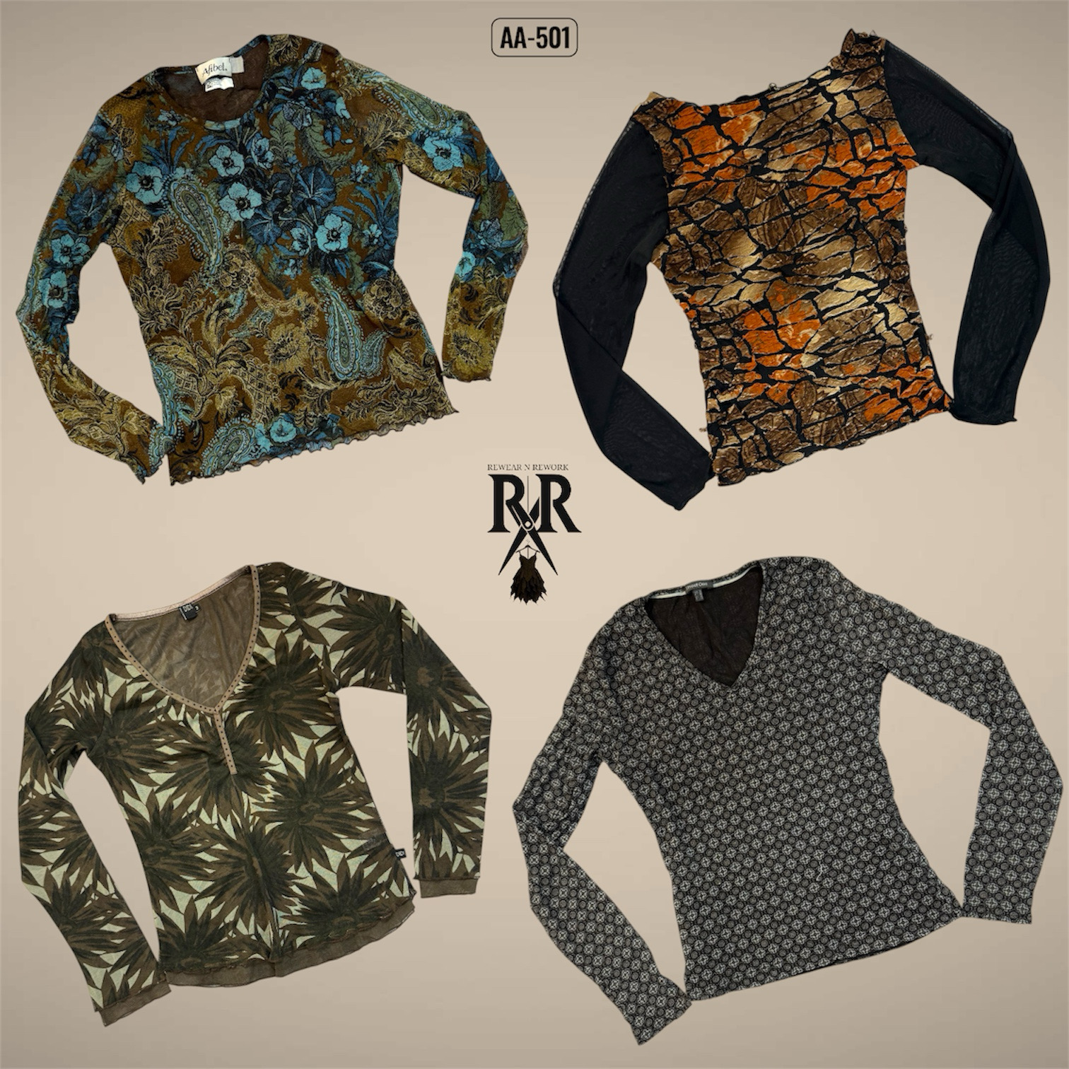 Y2K Boho Earthy Tone Full Sleeve Mesh Mix Tops (AA-501)