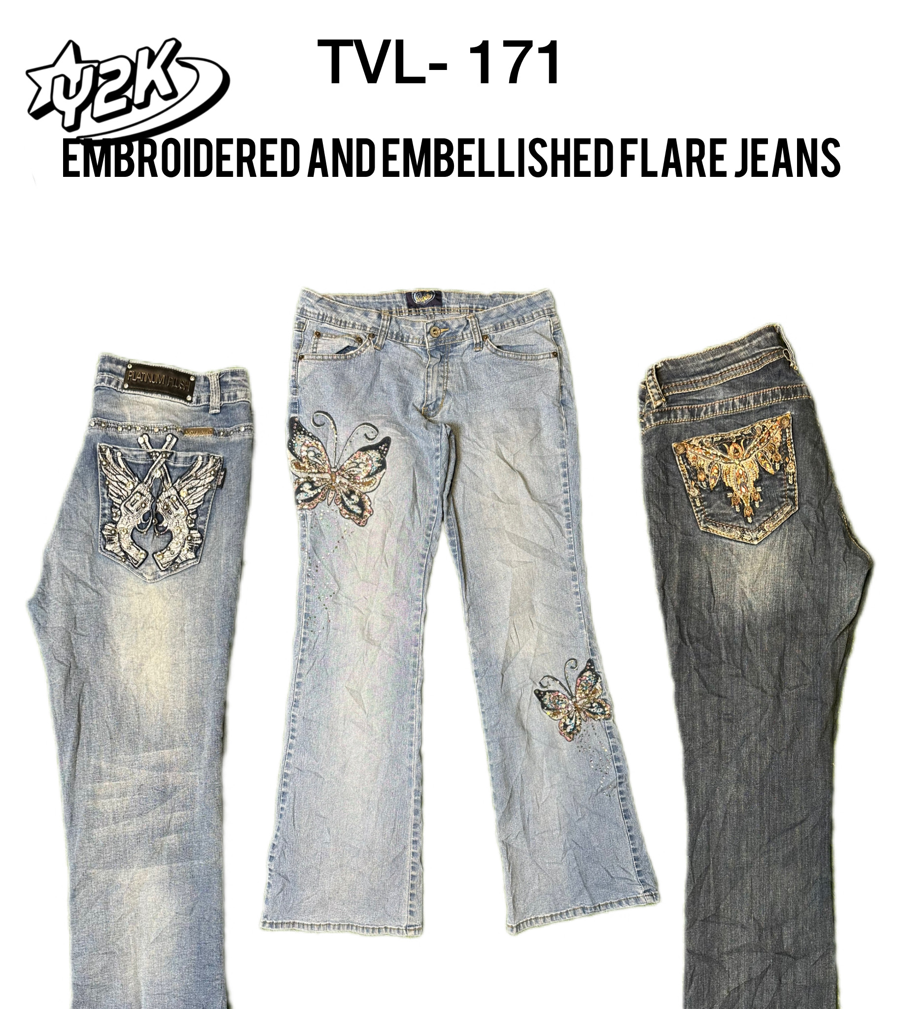 Y2K Embroidered/Embellished Denim Flare Jeans (TVL-171)